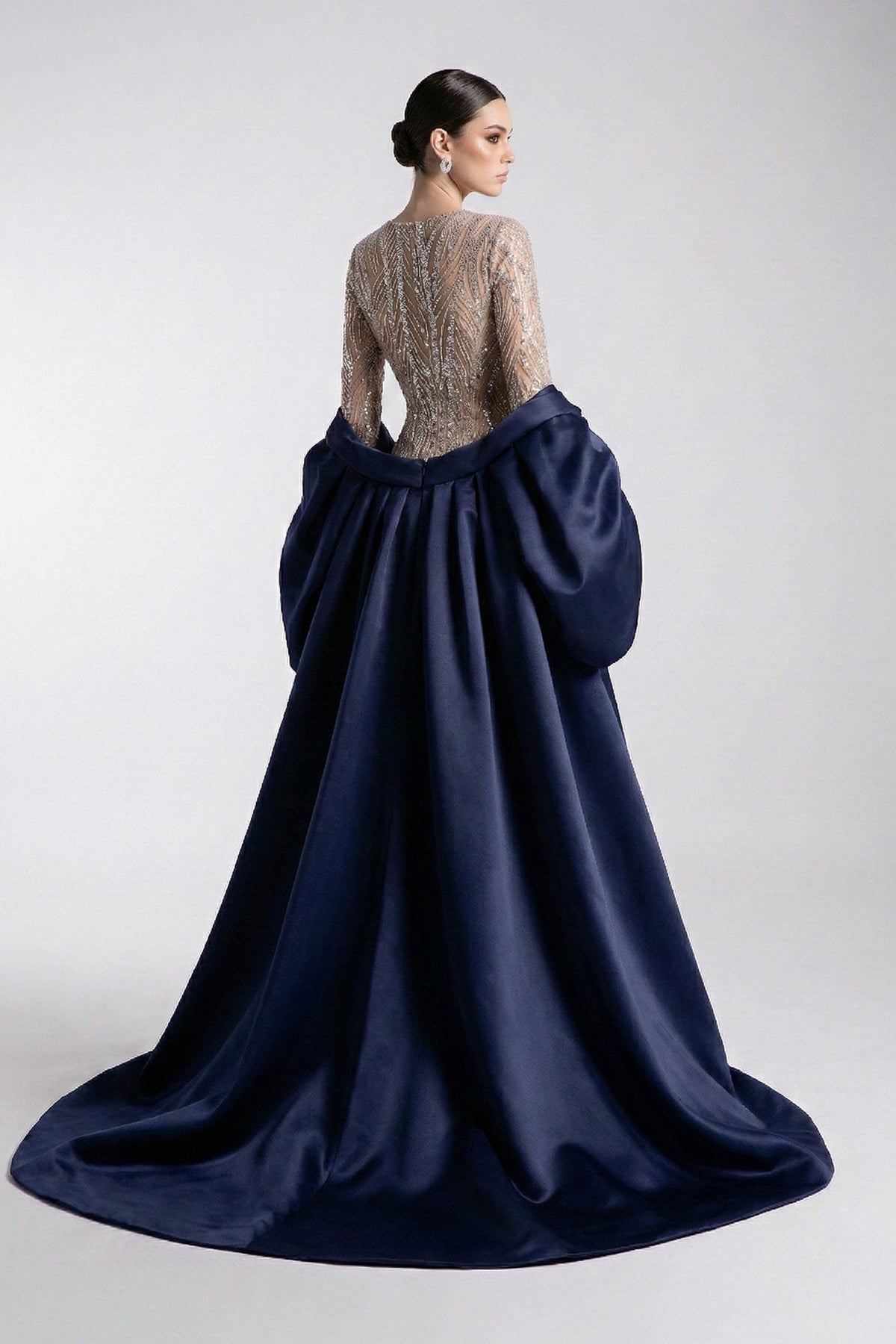 Fouad Sarkis F03004 Navy Blue Satin Embellished Gown