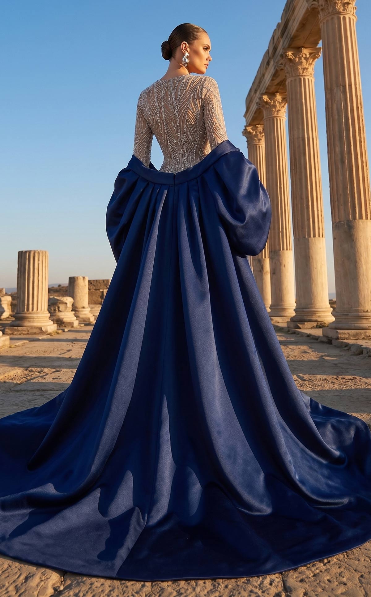 Fouad Sarkis F03004 Navy Blue Satin Embellished Gown