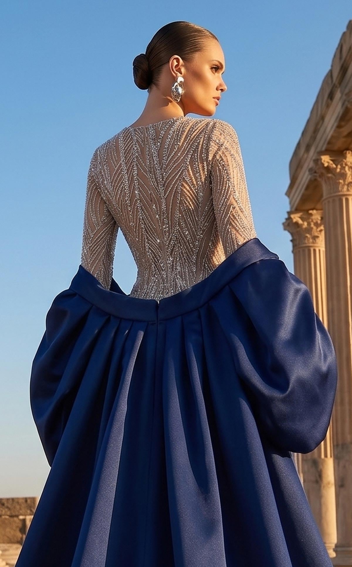 Fouad Sarkis F03004 Navy Blue Satin Embellished Gown