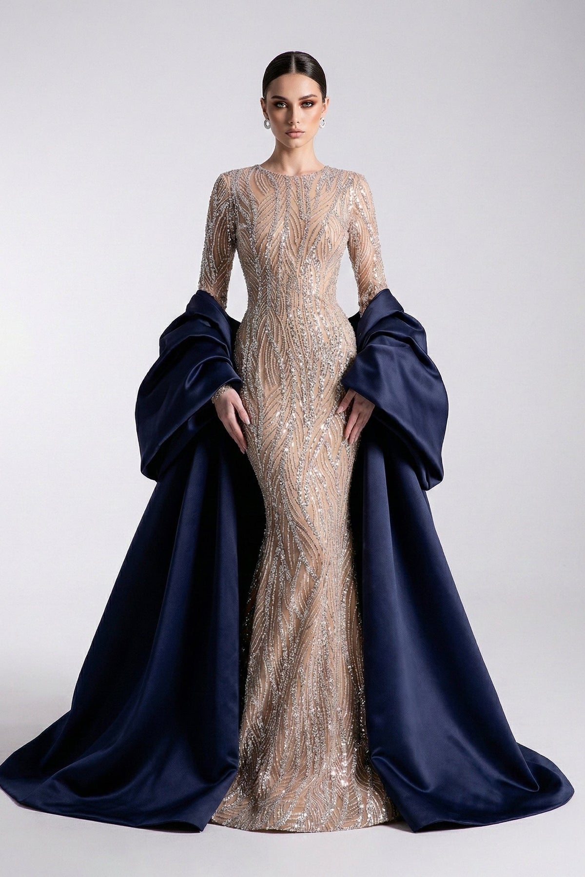 Fouad Sarkis F03004 Navy Blue Satin Embellished Gown
