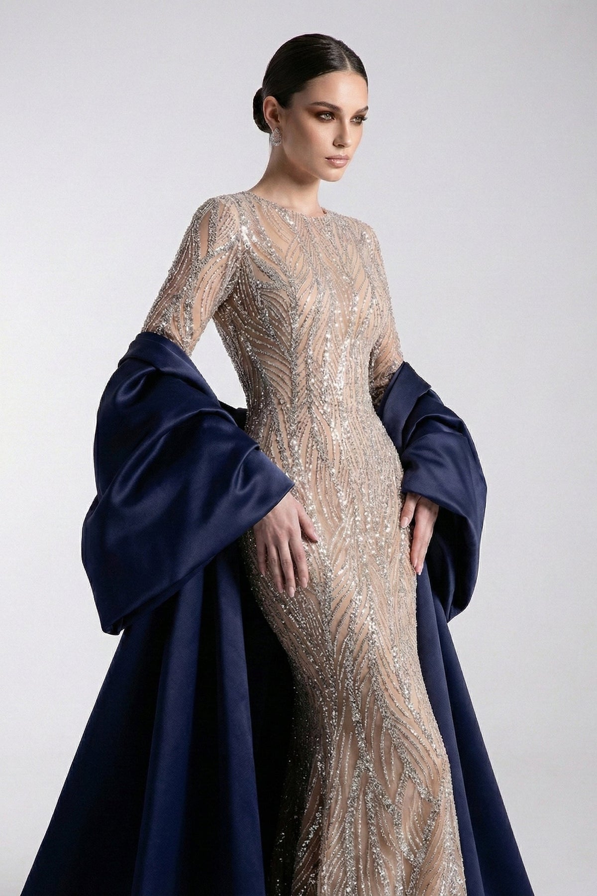 Fouad Sarkis F03004 Navy Blue Satin Embellished Gown