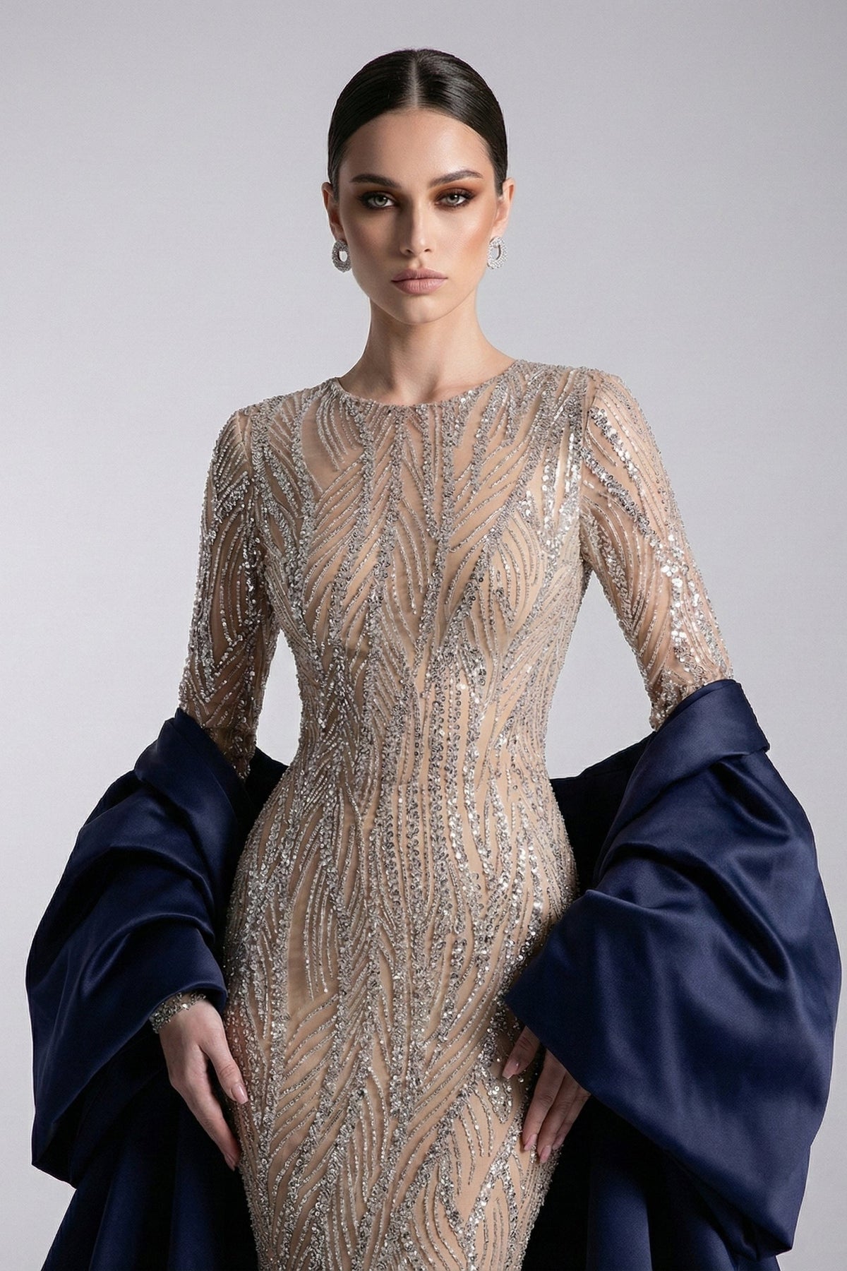 Fouad Sarkis F03004 Navy Blue Satin Embellished Gown