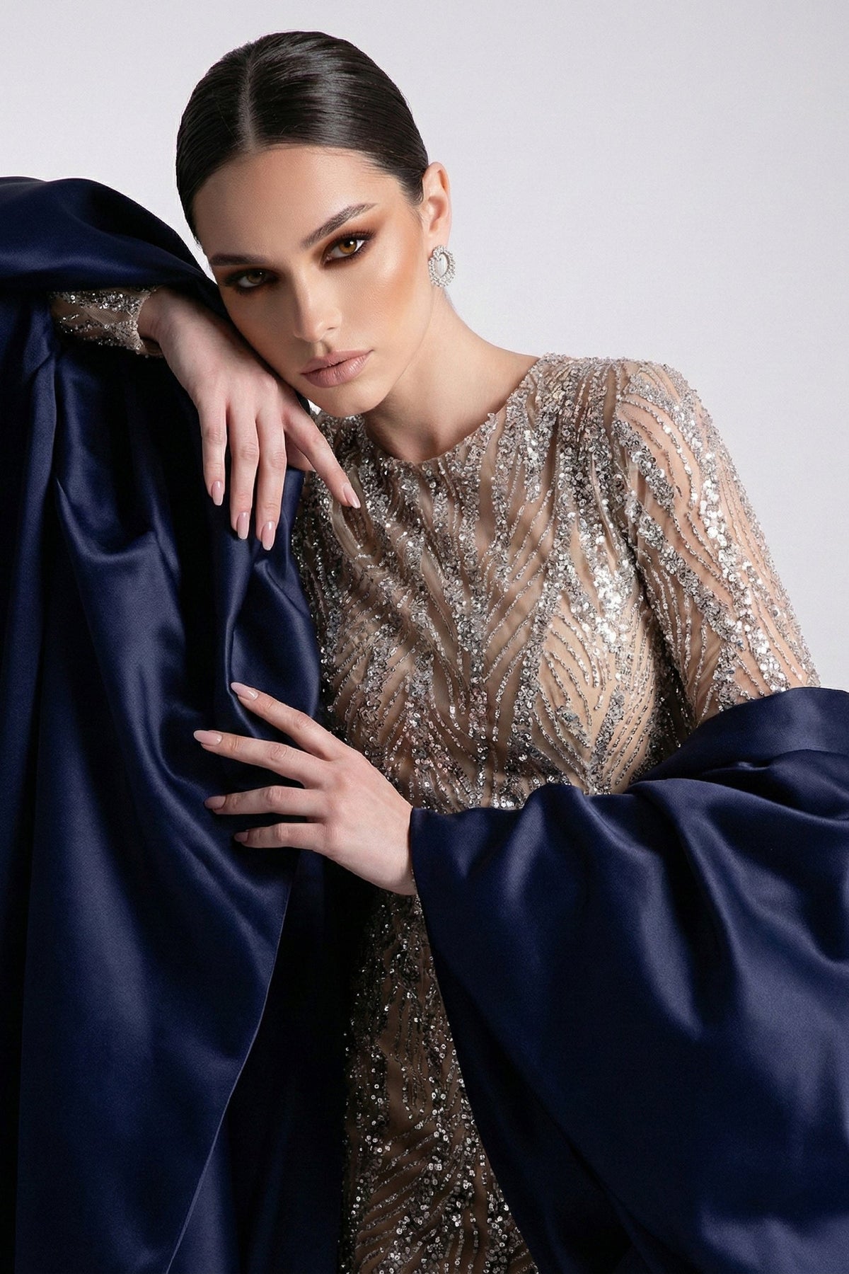 Fouad Sarkis F03004 Navy Blue Satin Embellished Gown
