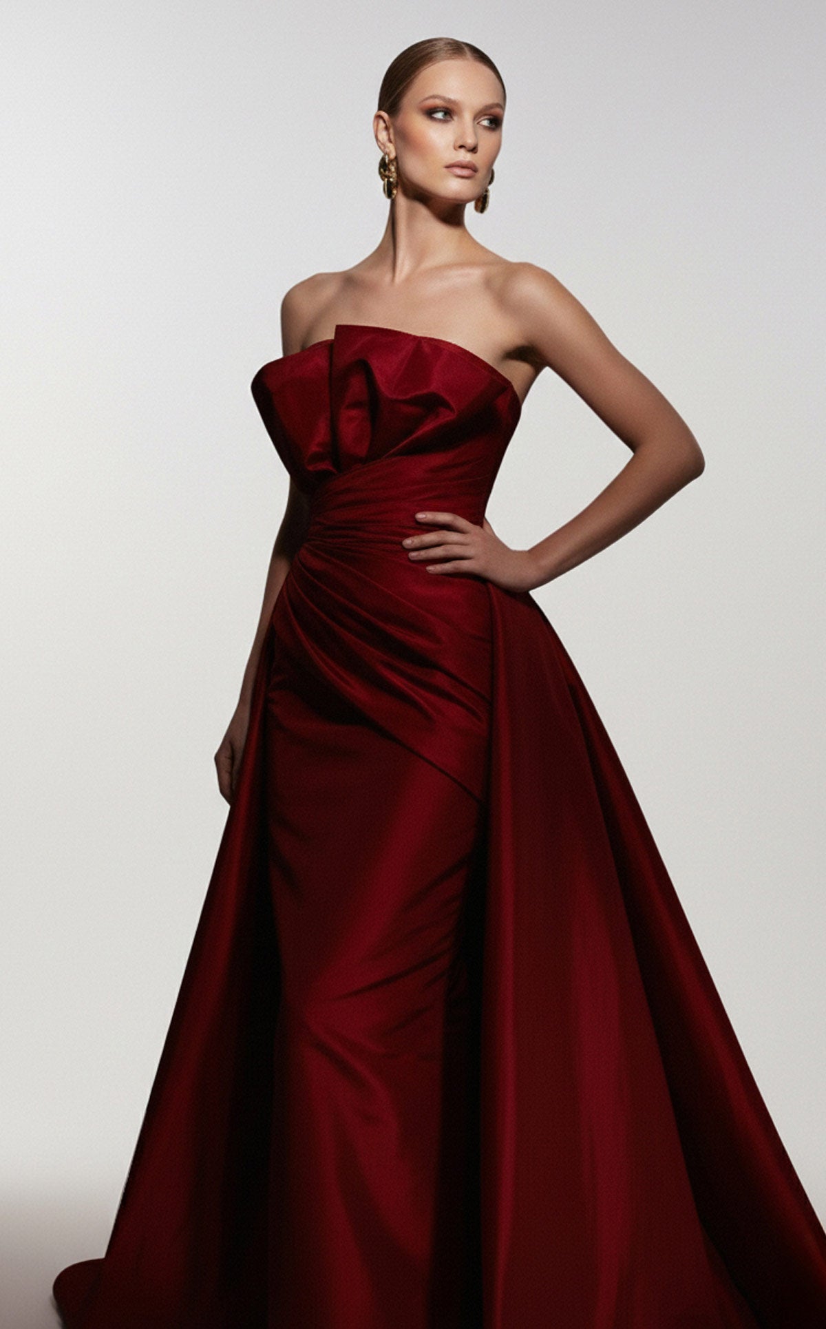 Fouad Sarkis F03006 Burgundy Satin Ball Gown