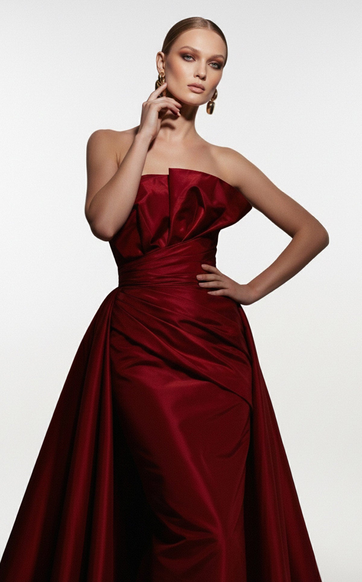 Fouad Sarkis F03006 Burgundy Satin Ball Gown