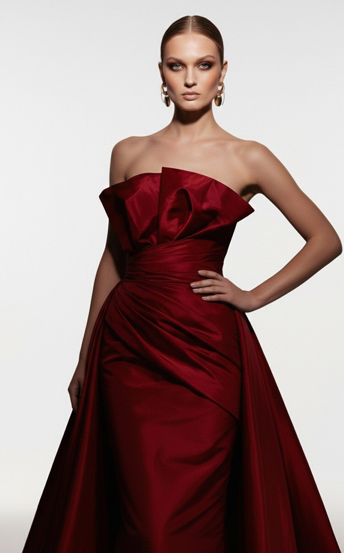 Fouad Sarkis F03006 Burgundy Satin Ball Gown