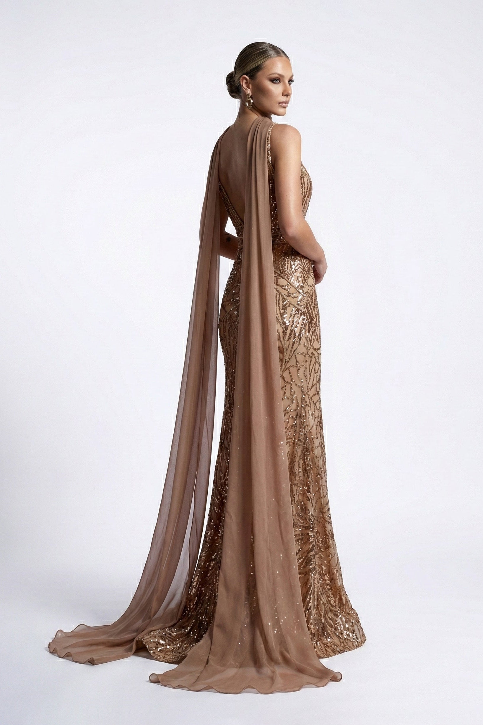 Fouad Sarkis F03010 Bronze Sequin Gown with Cape