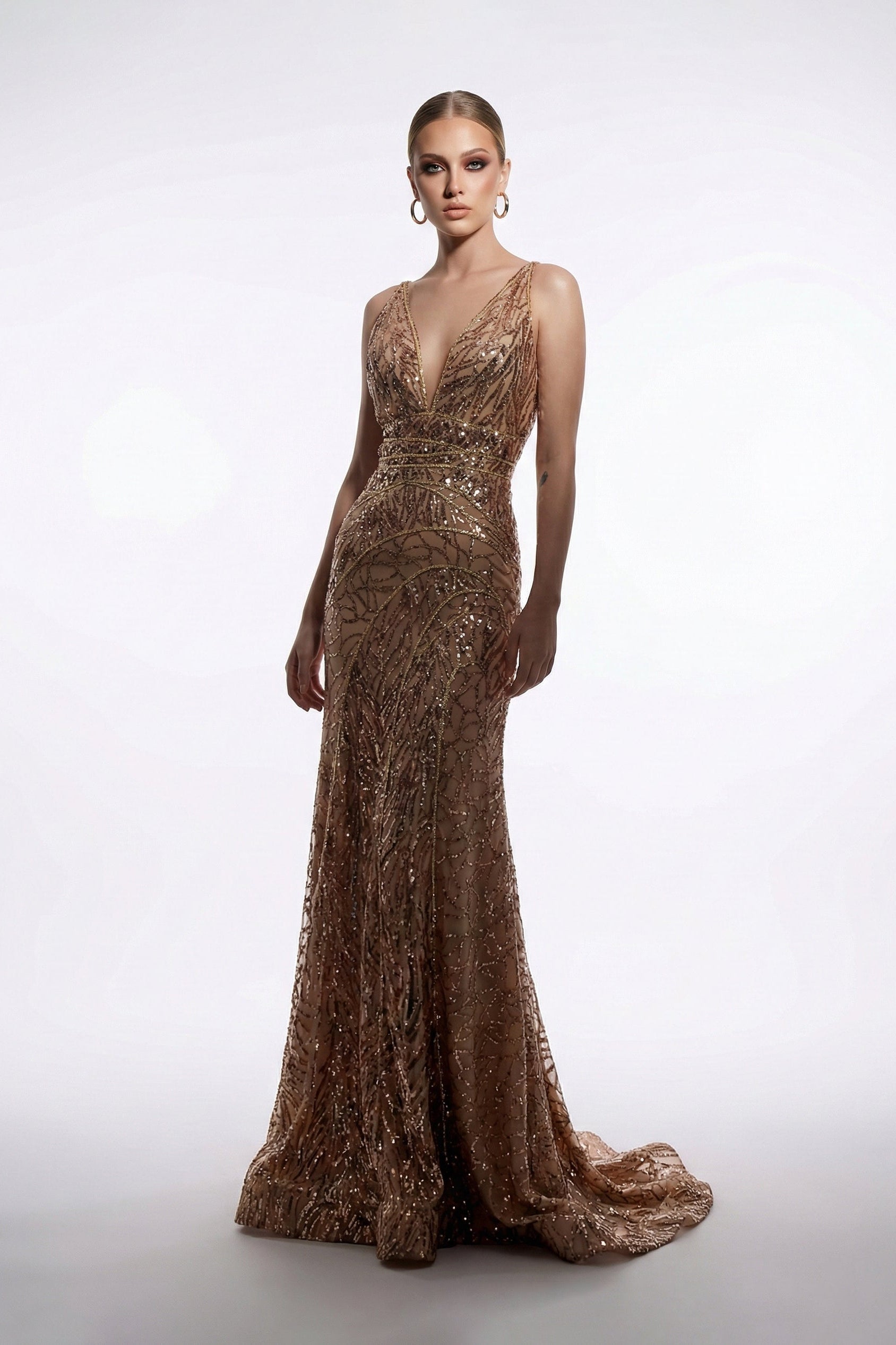 Fouad Sarkis F03010 Bronze Sequin Gown with Cape