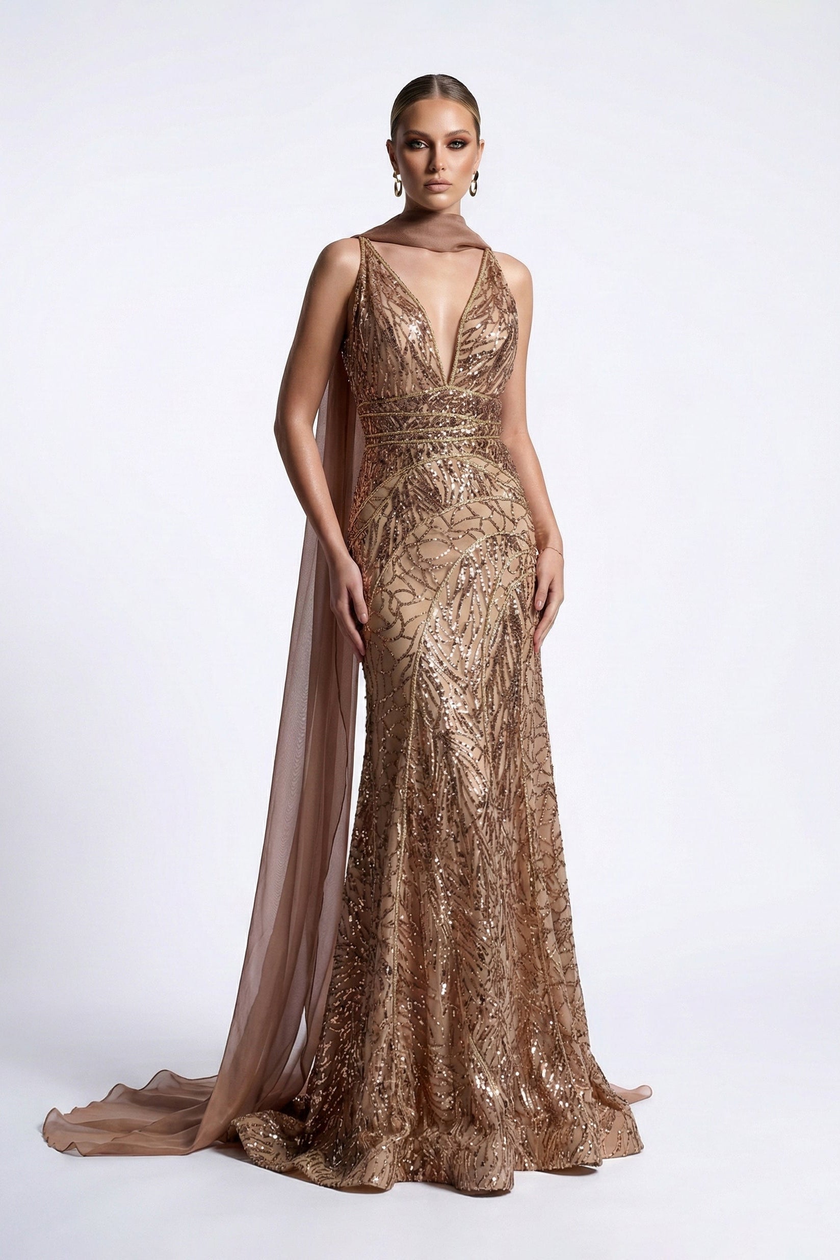Fouad Sarkis F03010 Bronze Sequin Gown with Cape