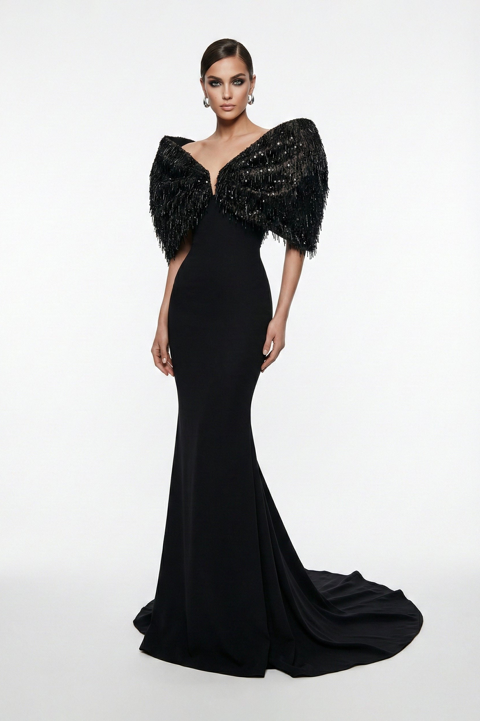 Fouad Sarkis F03012 Embellished Cape Mermaid Gown