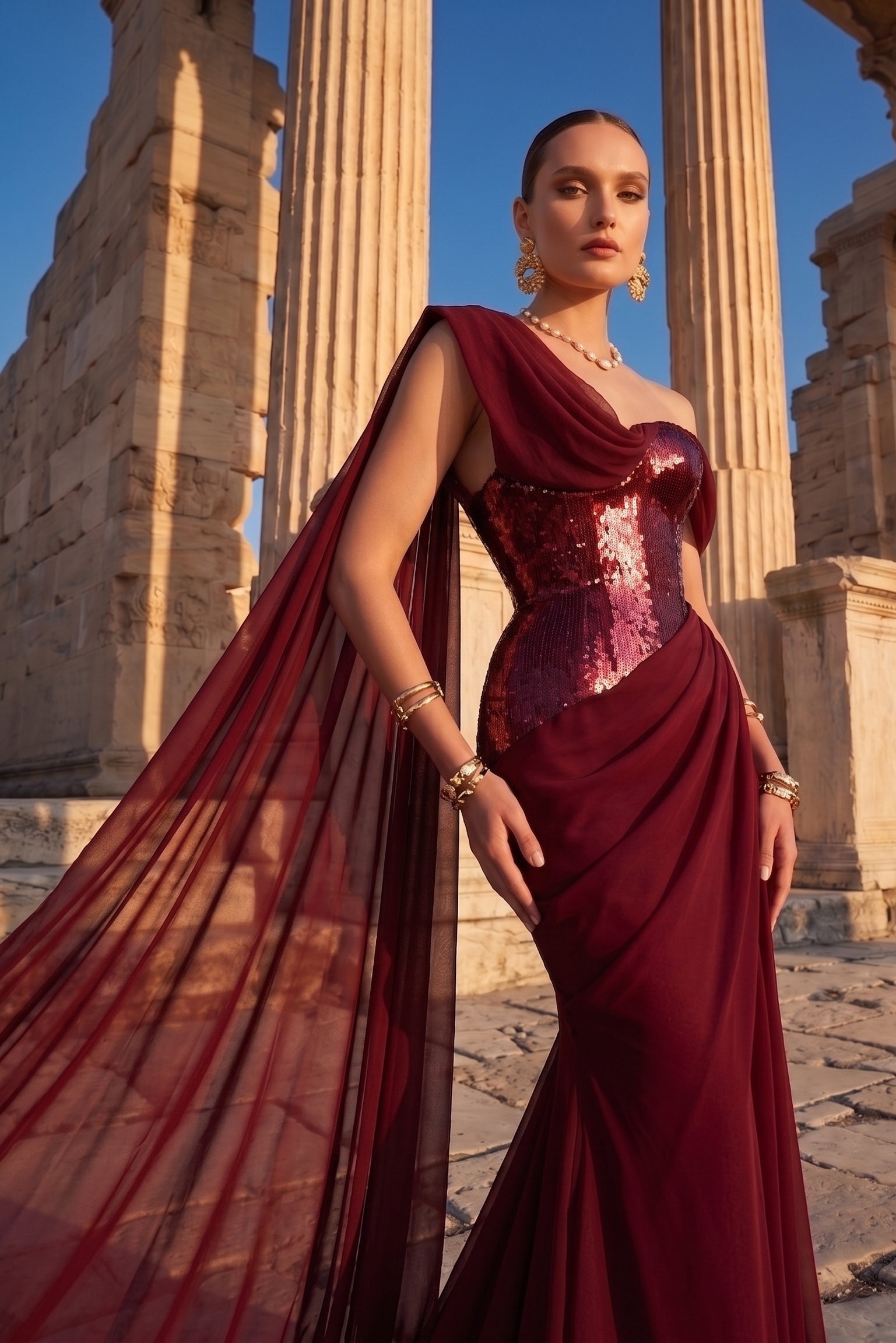 Fouad Sarkis F03017 Burgundy Sequin One-Shoulder Cape Gown