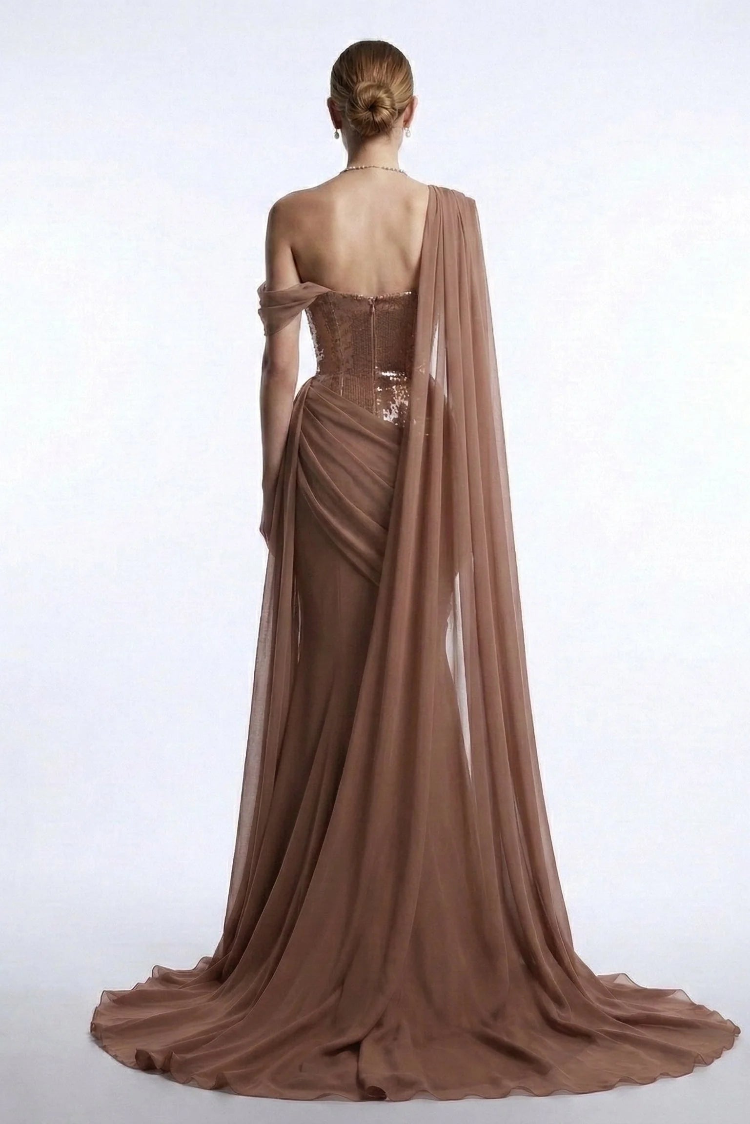 Fouad Sarkis F03017 Burgundy Sequin One-Shoulder Cape Gown