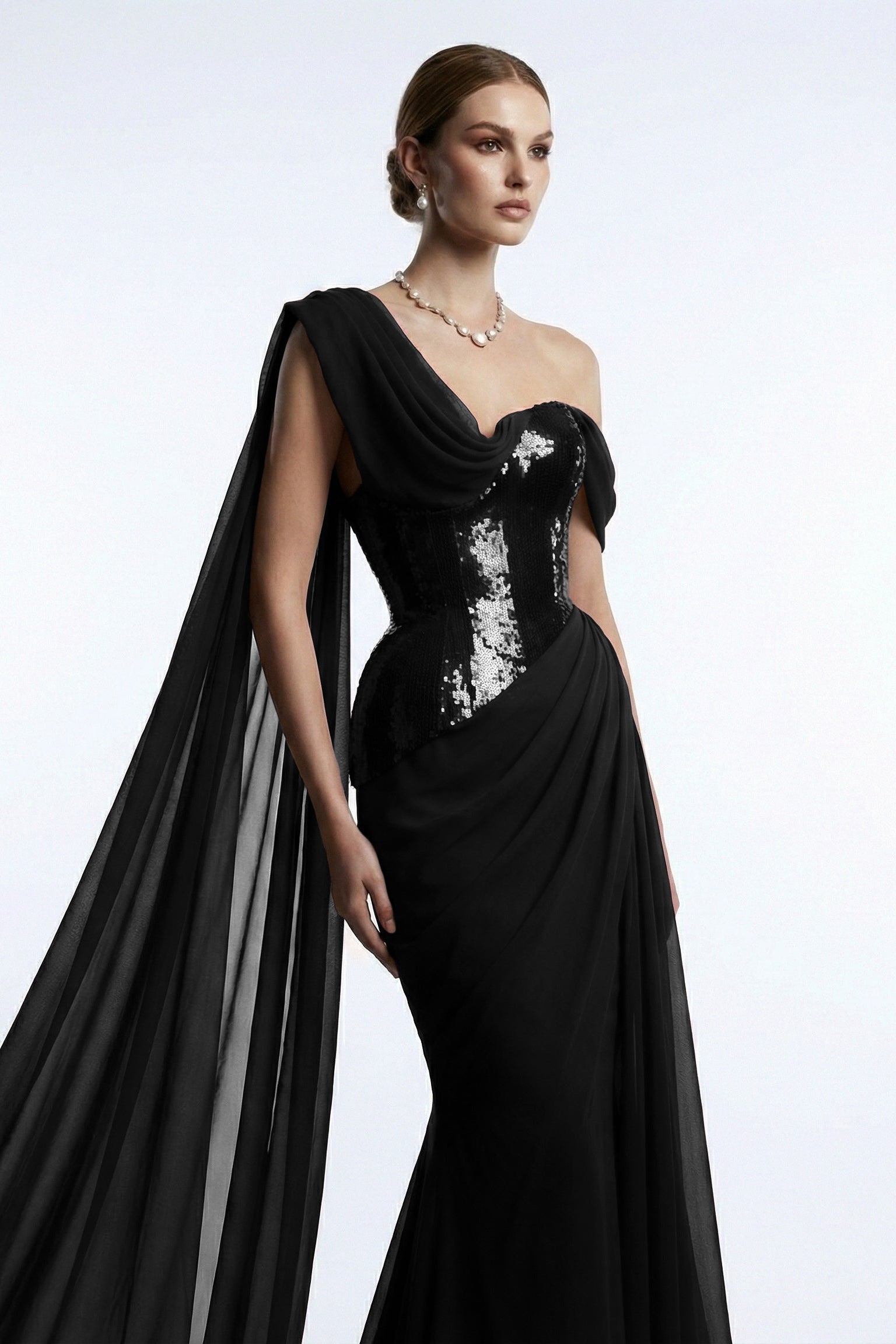 Fouad Sarkis F03017 Burgundy Sequin One-Shoulder Cape Gown