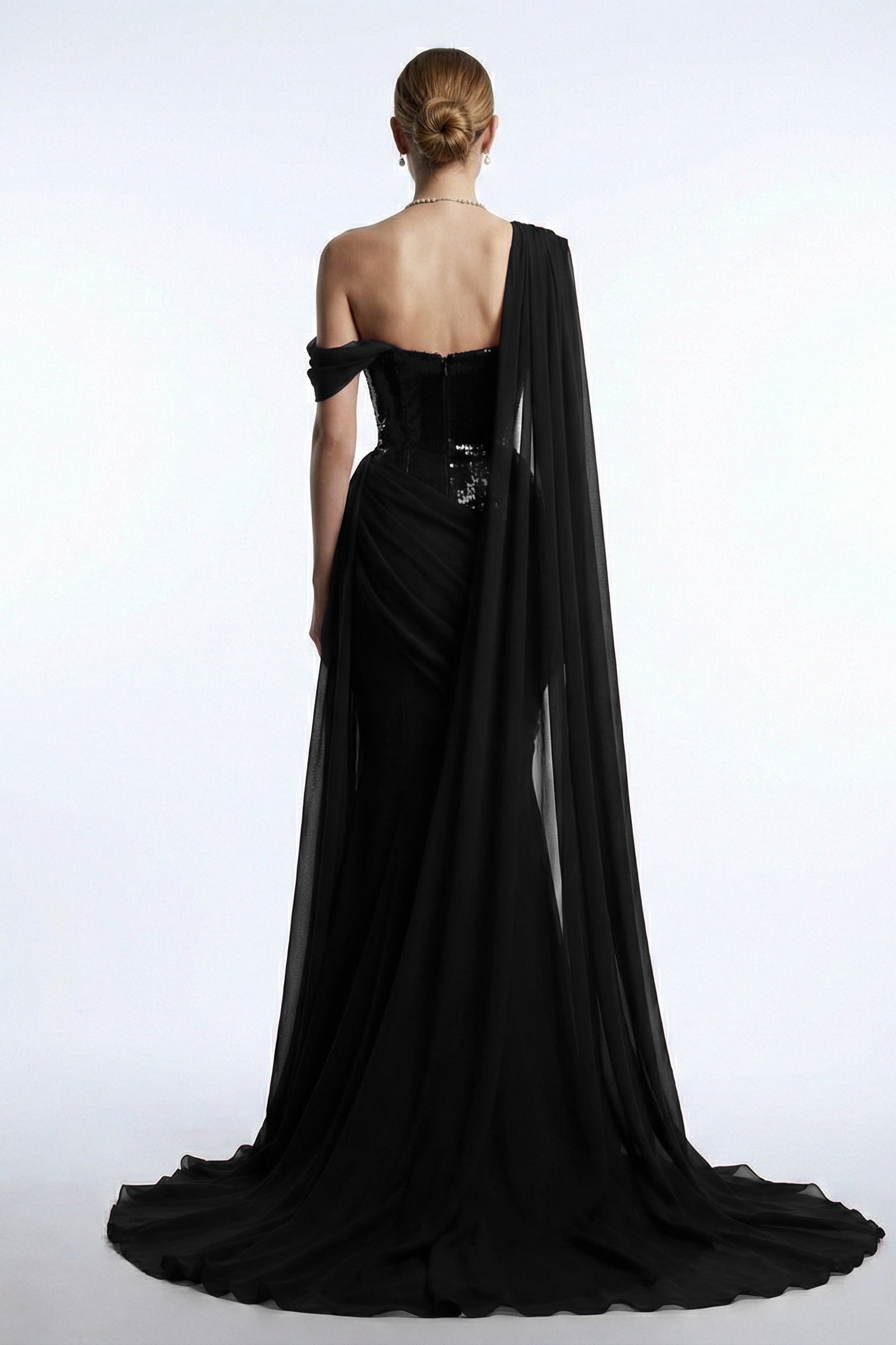 Fouad Sarkis F03017 Burgundy Sequin One-Shoulder Cape Gown