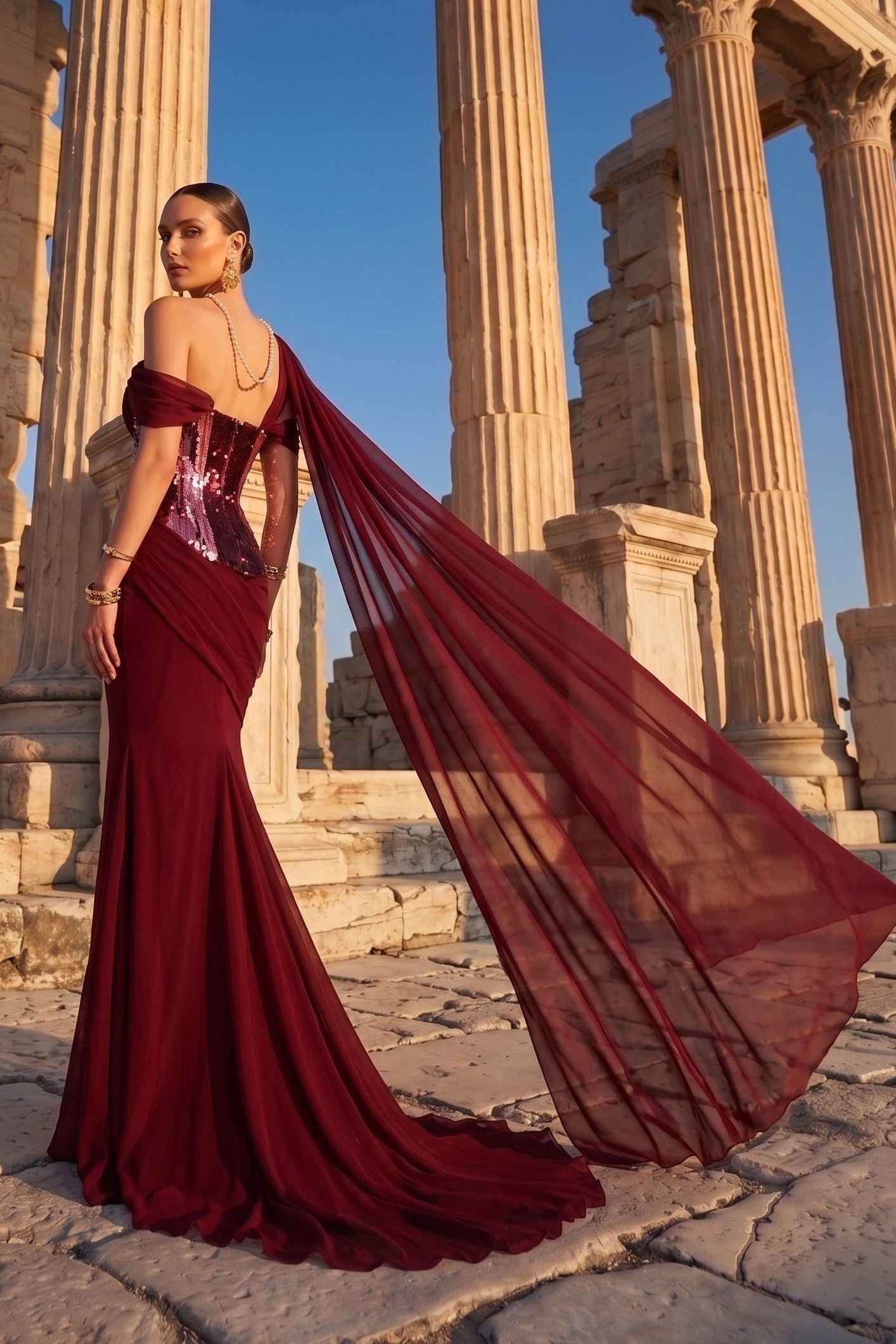 Fouad Sarkis F03017 Burgundy Sequin One-Shoulder Cape Gown