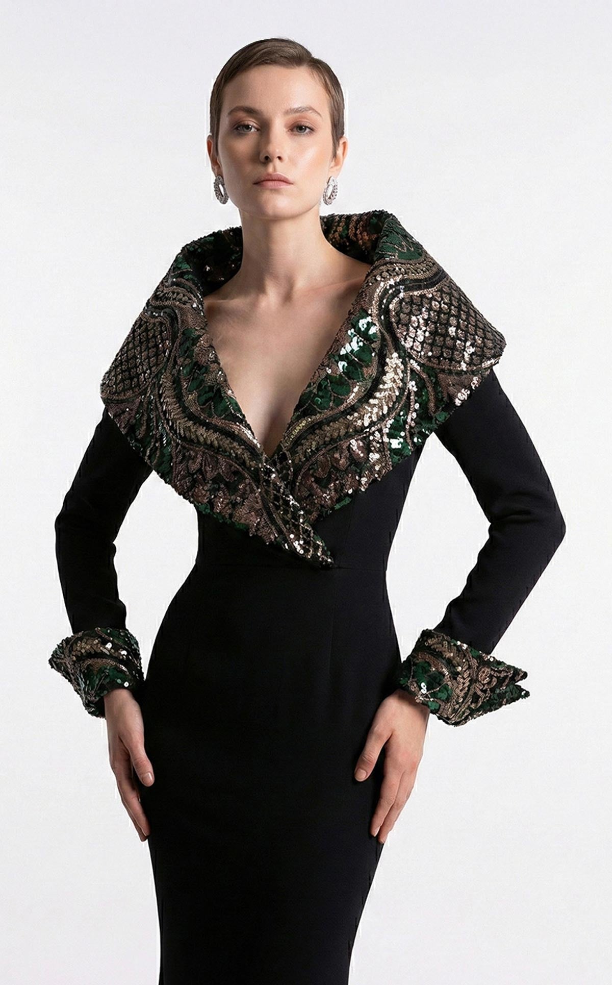 Fouad Sarkis F03019 Black Embellished Collar Gown