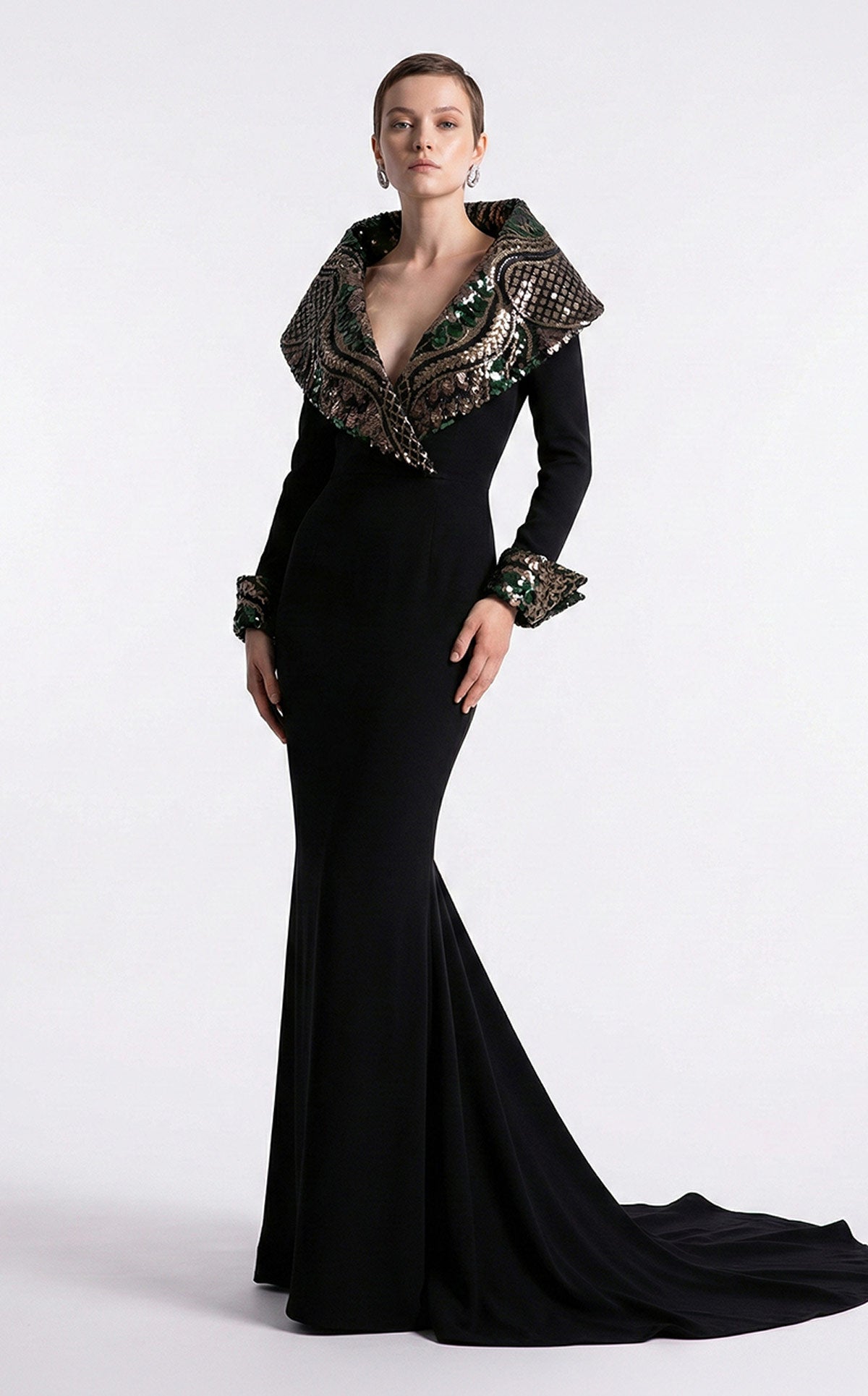 Fouad Sarkis F03019 Black Embellished Collar Gown