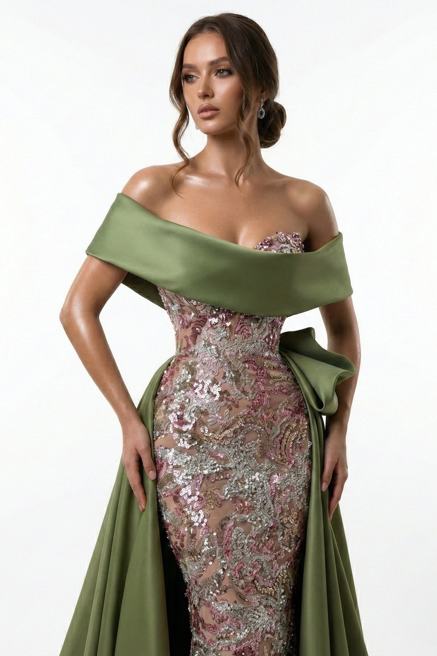 Fouad Sarkis F03024 Olive Off-Shoulder Hand-Embroidered Gown with Dramatic Overskirt