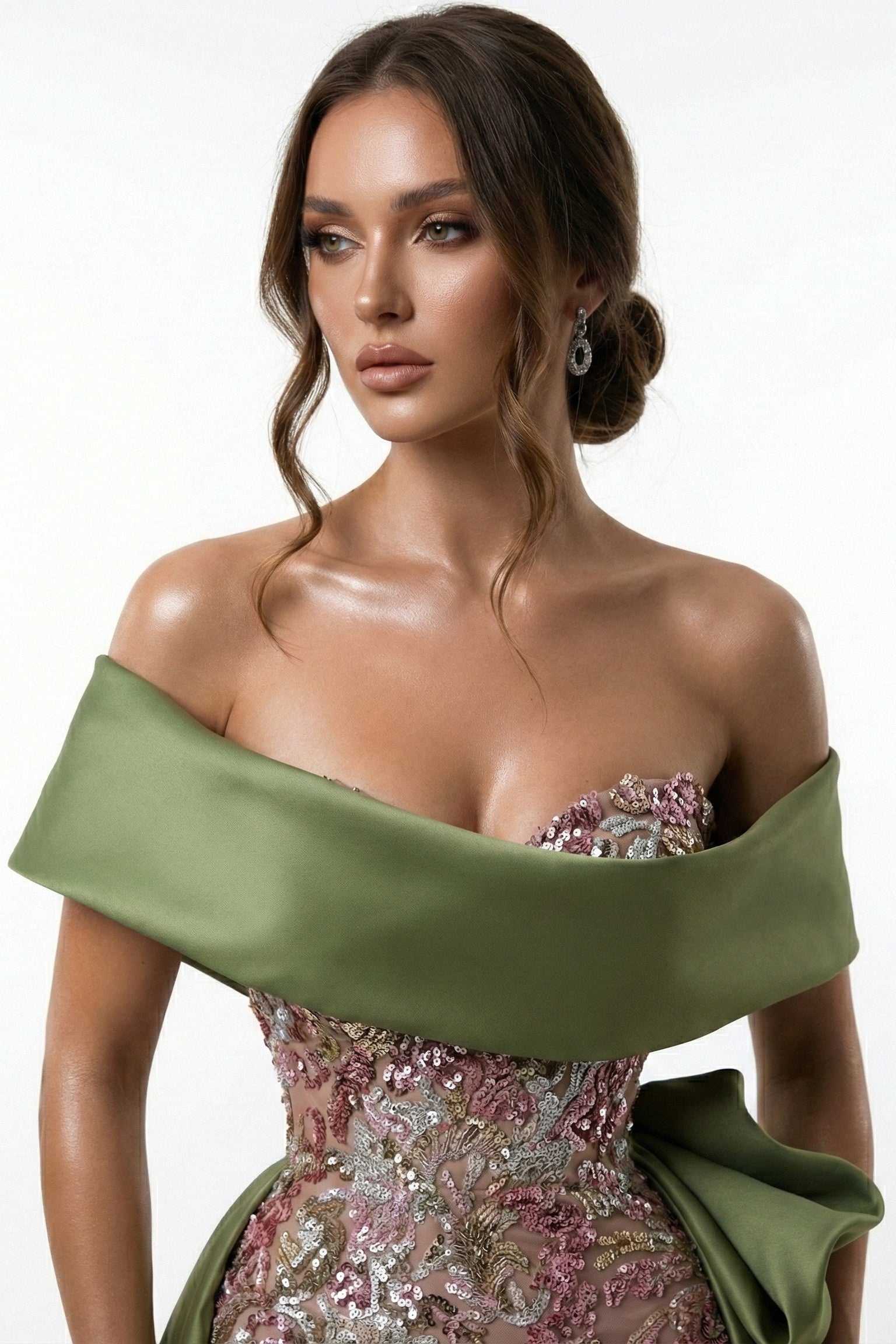 Fouad Sarkis F03024 Olive Off-Shoulder Hand-Embroidered Gown with Dramatic Overskirt