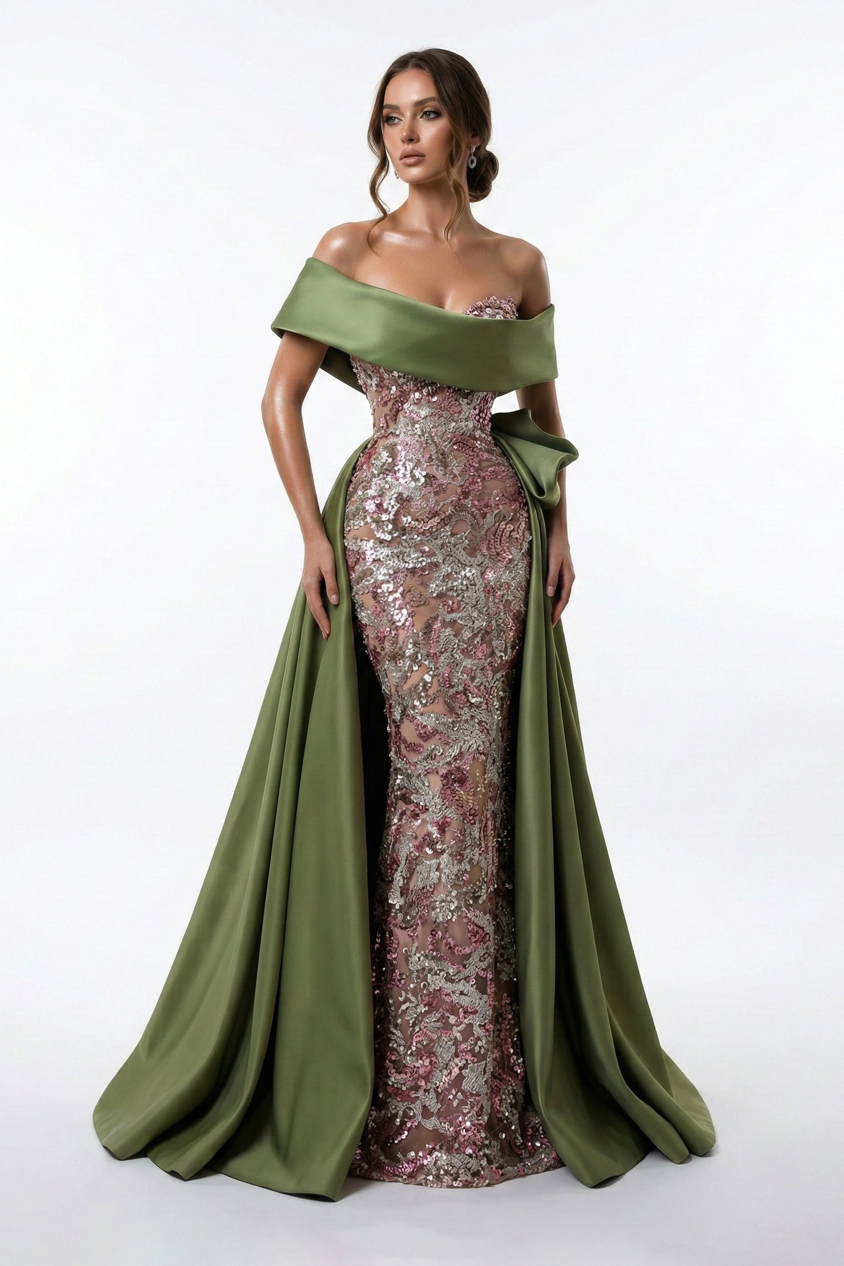 Fouad Sarkis F03024 Olive Off-Shoulder Hand-Embroidered Gown with Dramatic Overskirt