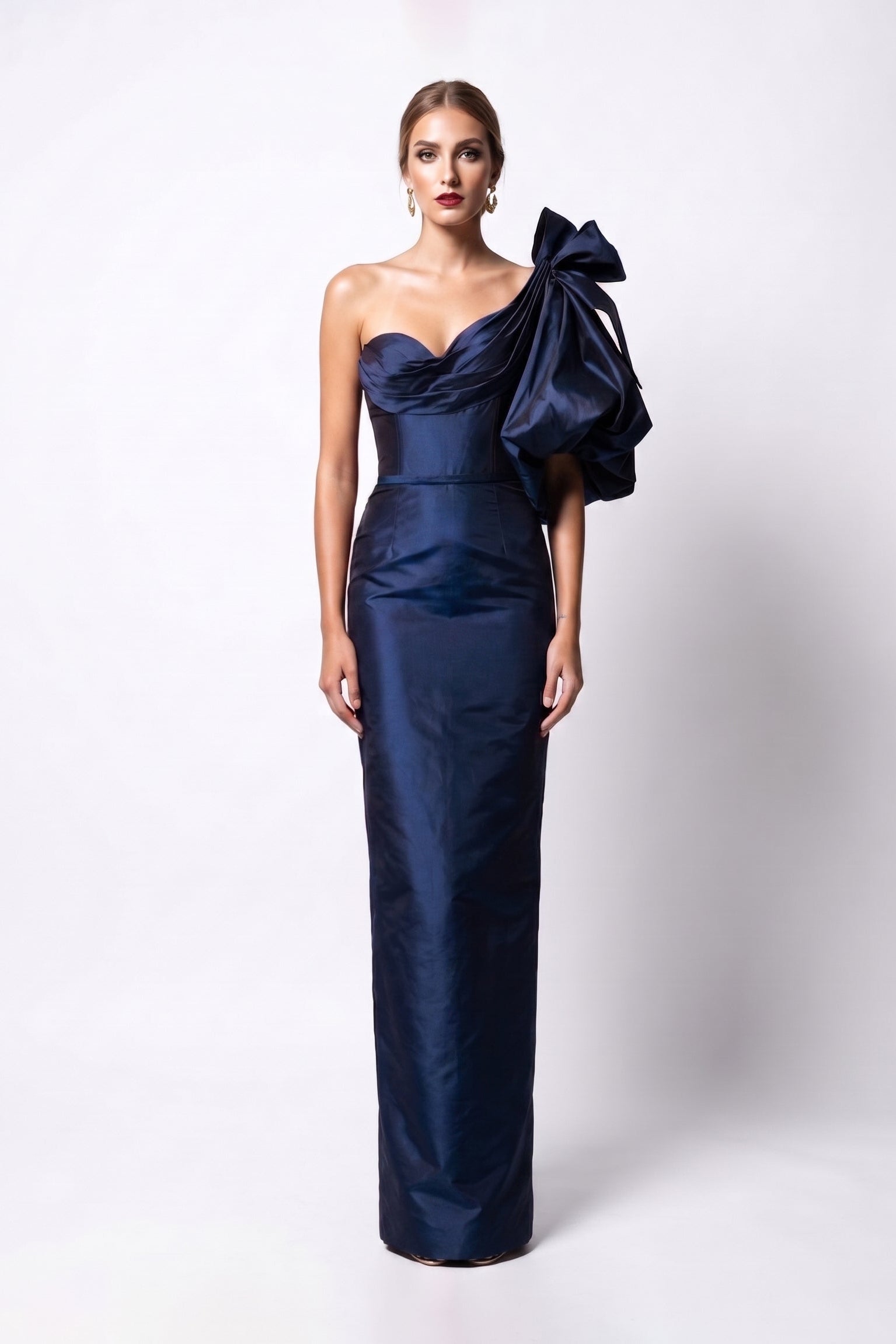 Fouad Sarkis F03025 One-Shoulder Sculptural Draped Gown
