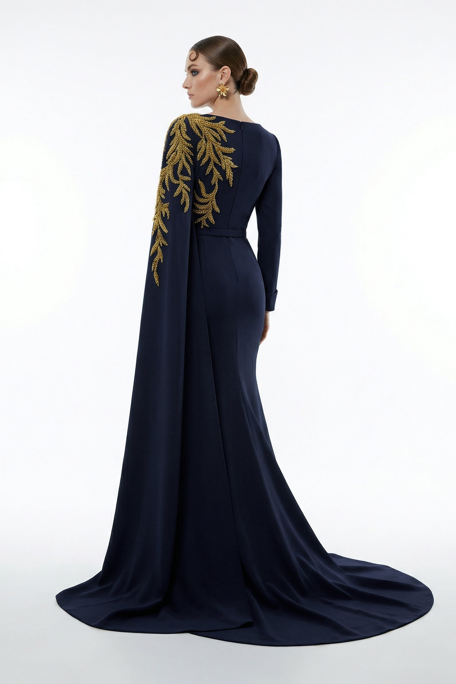Fouad Sarkis F03027A Green Mermaid Gown Embroidered Cape