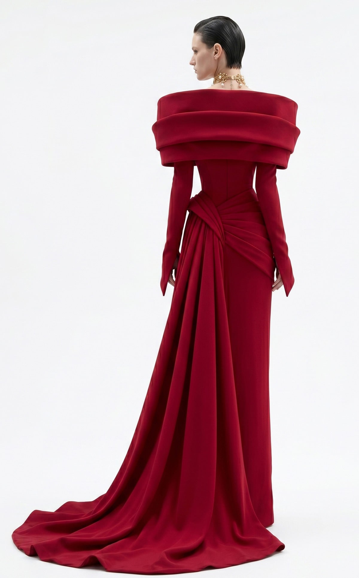 Fouad Sarkis F03049 – Crimson Off-Shoulder Draped Long-Sleeve Evening Gown