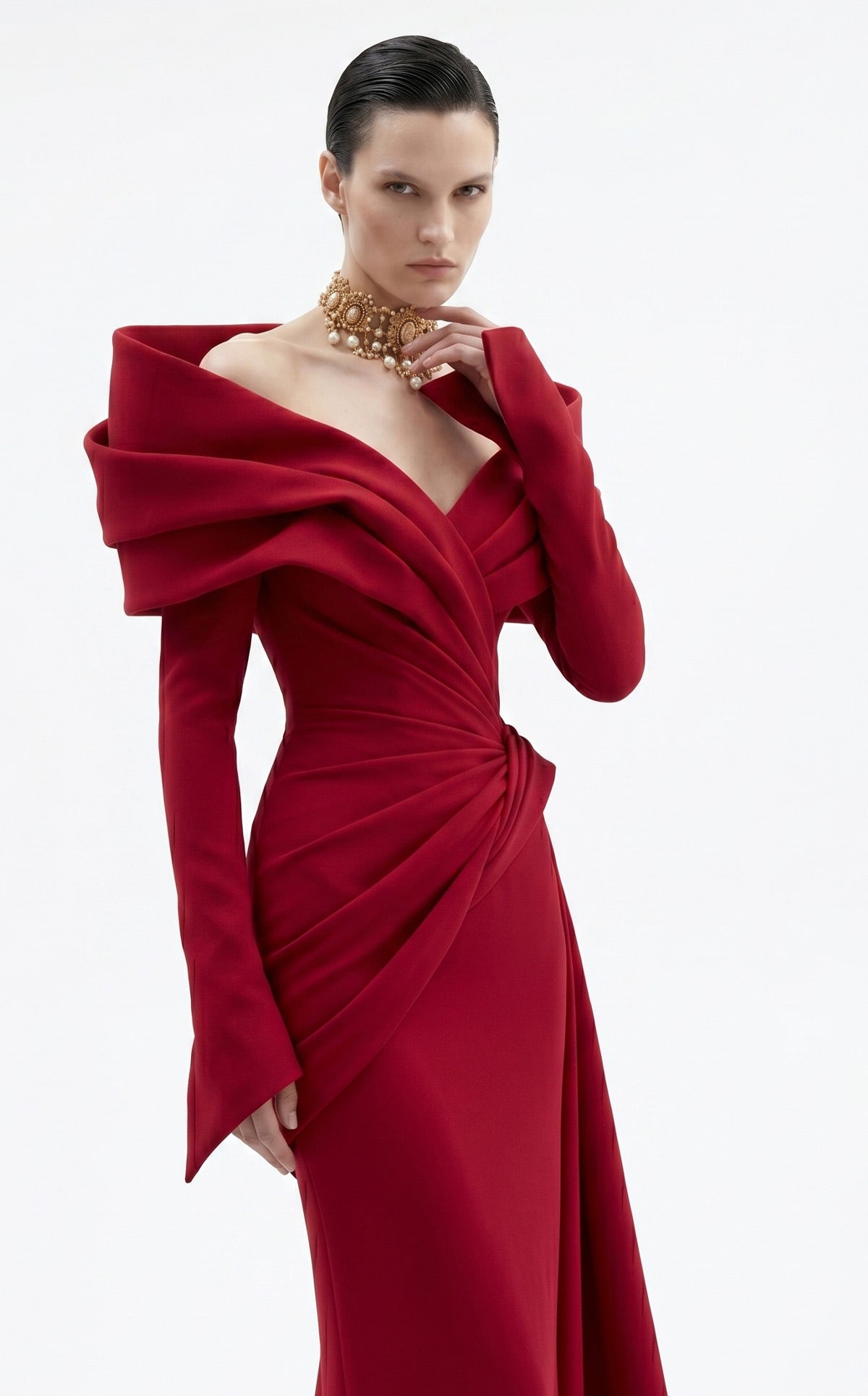 Fouad Sarkis F03049 – Crimson Off-Shoulder Draped Long-Sleeve Evening Gown