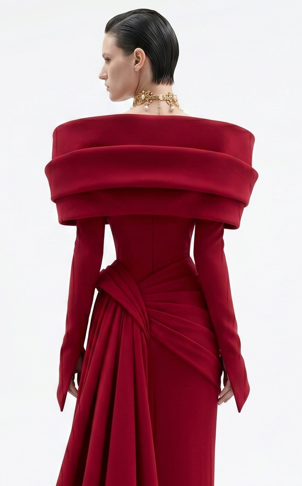 Fouad Sarkis F03049 – Crimson Off-Shoulder Draped Long-Sleeve Evening Gown