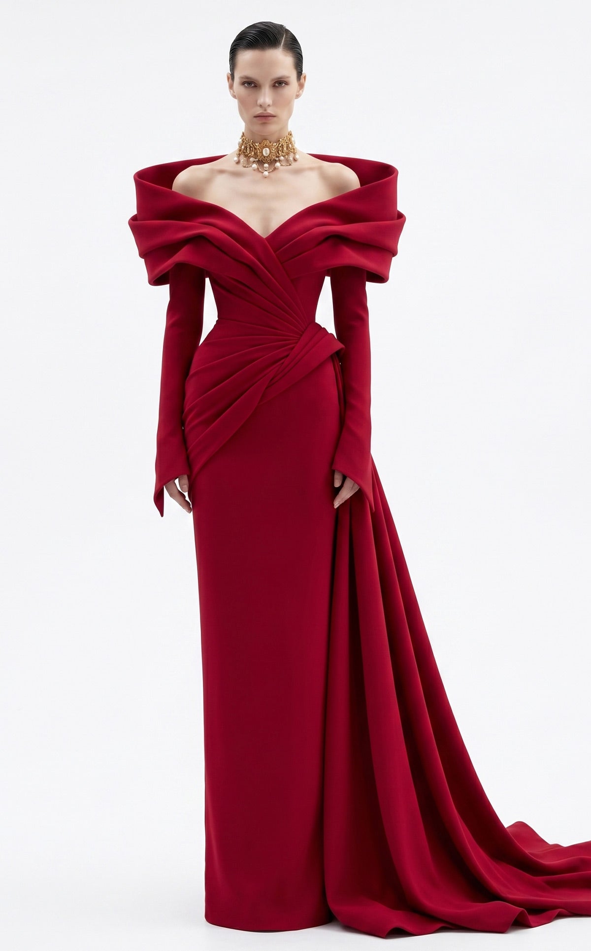 Fouad Sarkis F03049 – Crimson Off-Shoulder Draped Long-Sleeve Evening Gown