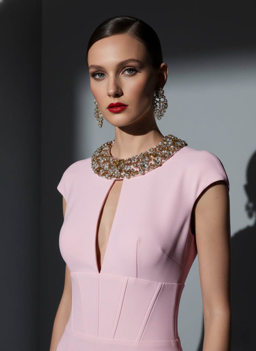 Fouad Sarkis F0M1202 Blush Pink Crystal Collar Gown