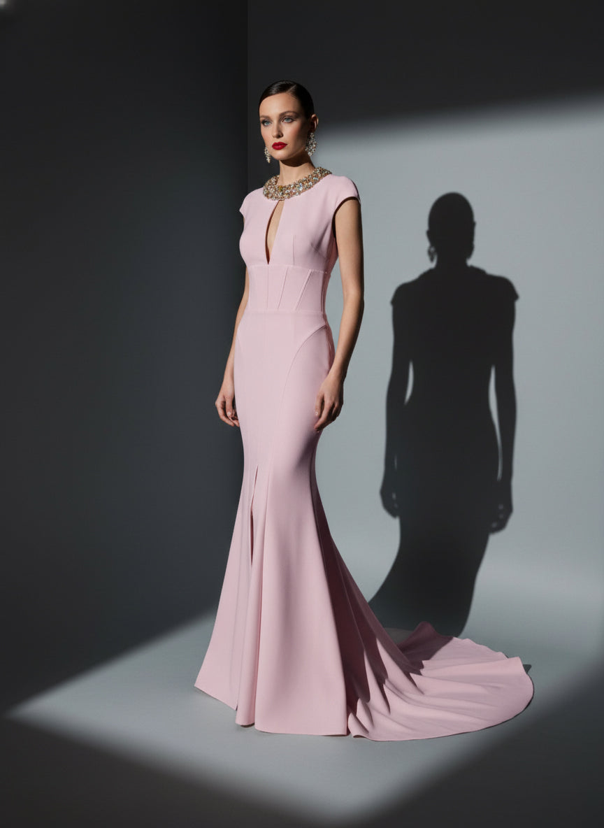 Fouad Sarkis F0M1202 Blush Pink Crystal Collar Gown