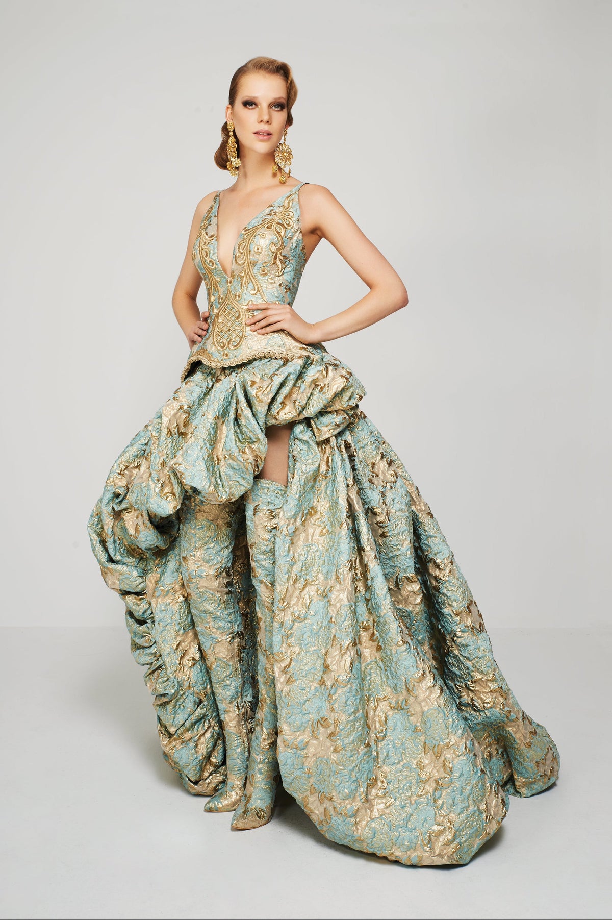 Fouad Sarkis F2366 – Gold Metallic Jacquard High-Low Corset Gown