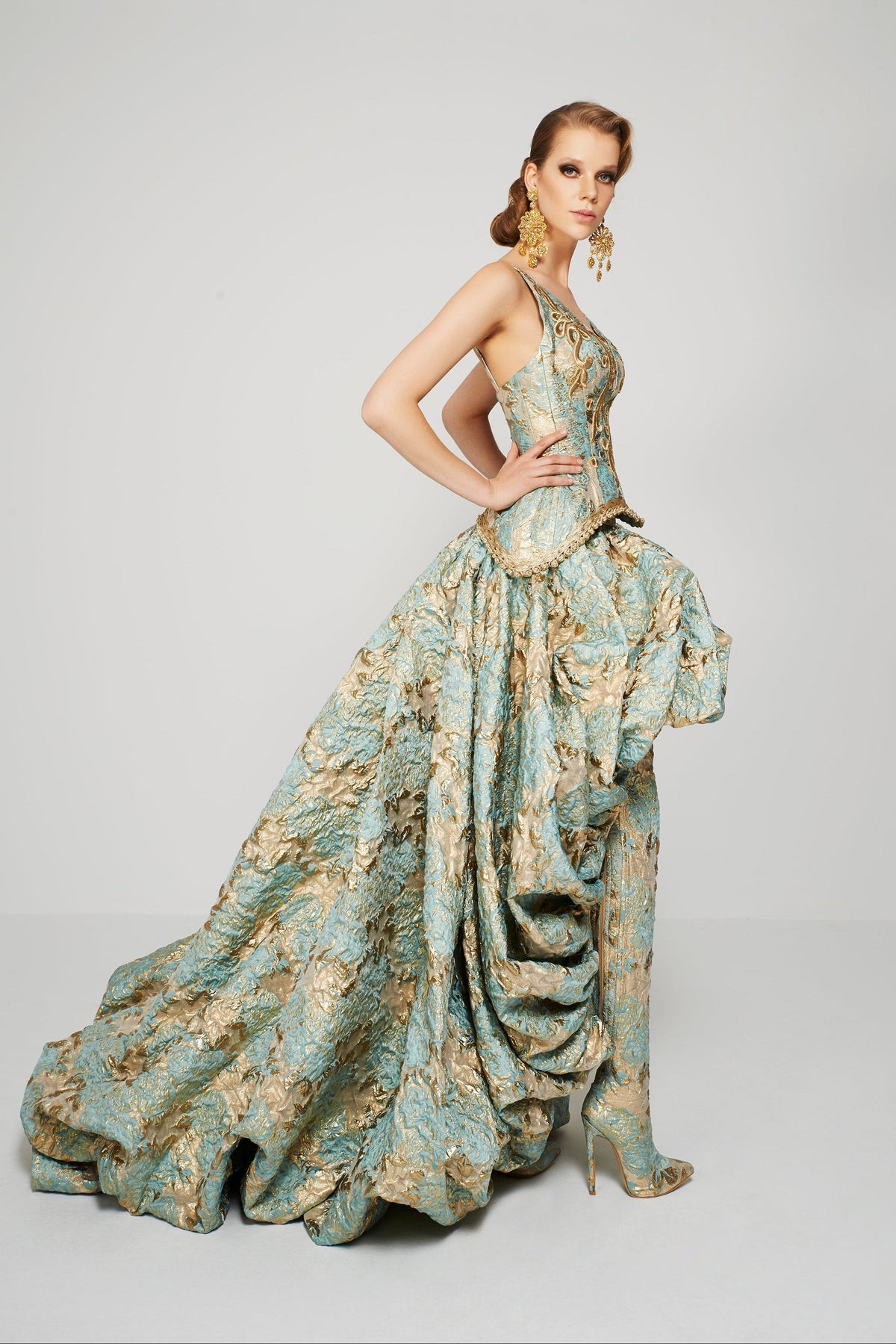 Fouad Sarkis F2366 – Gold Metallic Jacquard High-Low Corset Gown