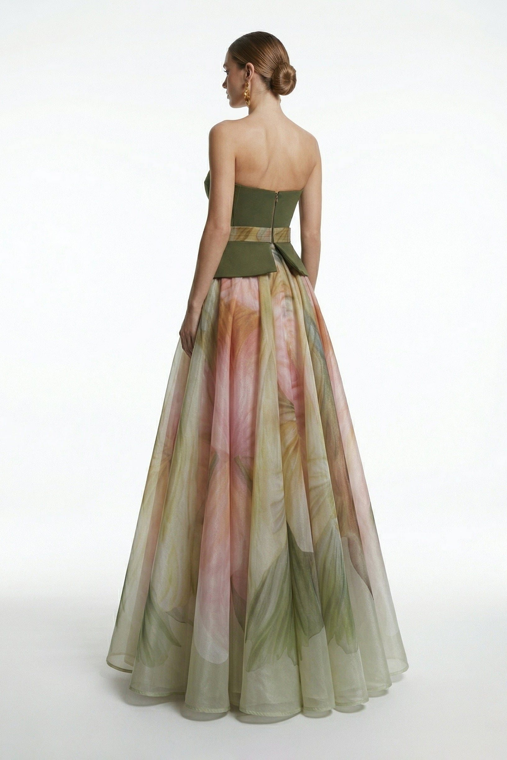 Fouad Sarkis F2981B – Olive Strapless Corset Gown with Botanical Print Skirt