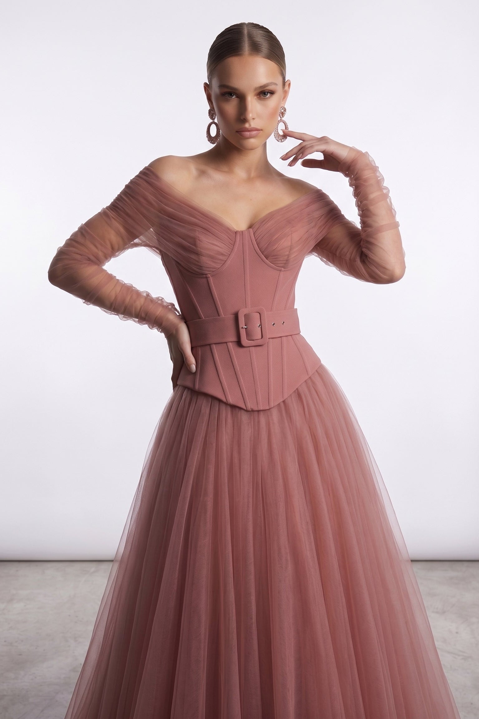 Fouad Sarkis F3013A – Blush Off-Shoulder Corset Gown with Sheer Sleeves & Tulle Skirt