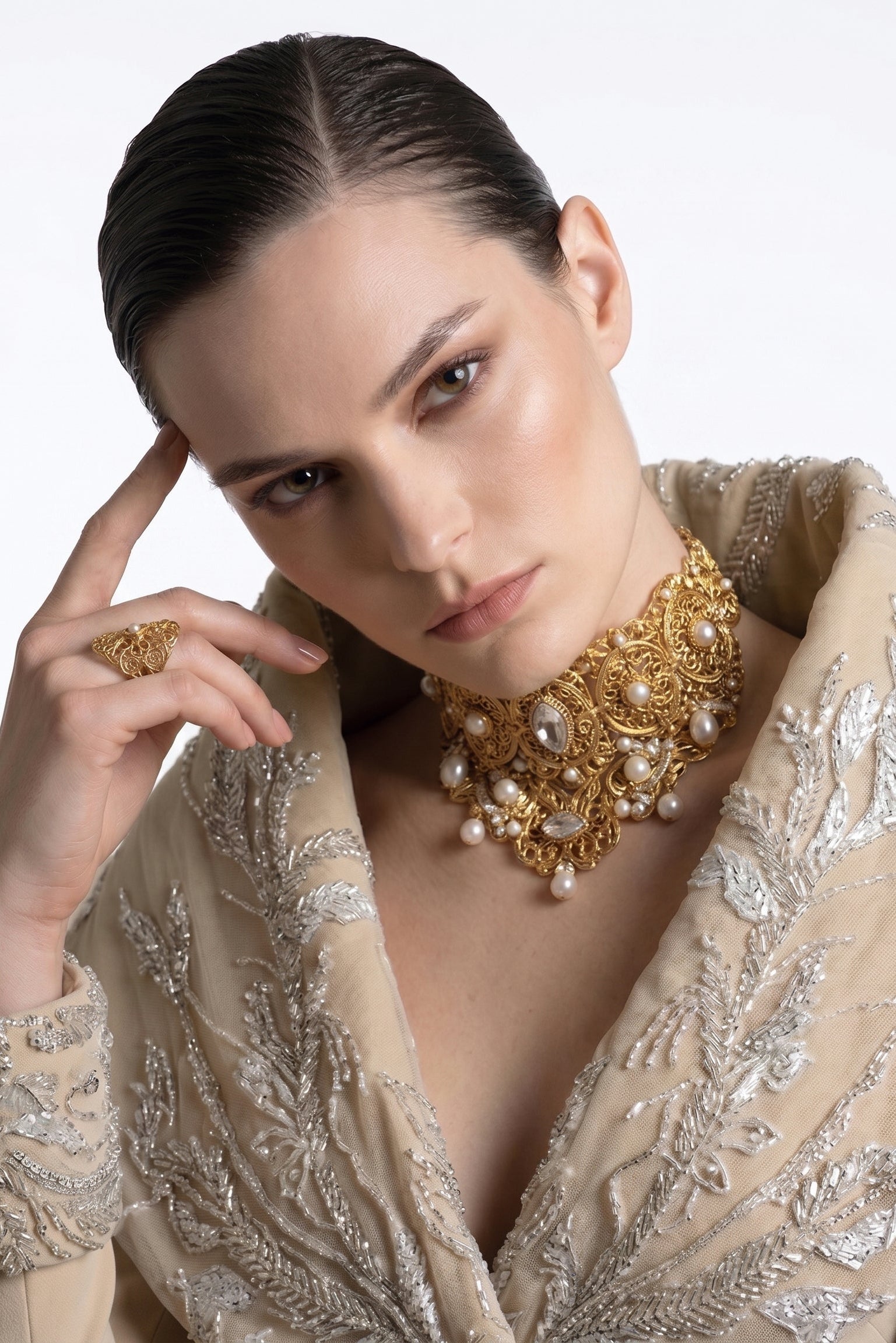 Fouad Sarkis F3019A – Champagne Long-Sleeve Mermaid Gown with Shawl Collar