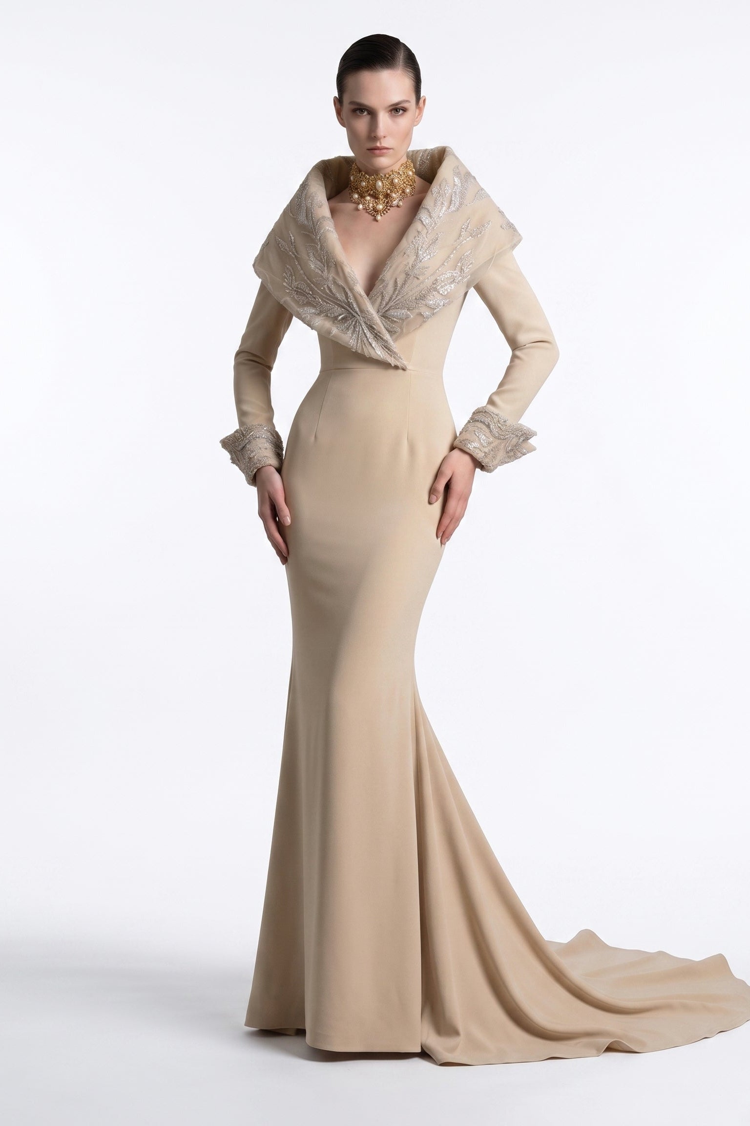 Fouad Sarkis F3019A – Champagne Long-Sleeve Mermaid Gown with Shawl Collar