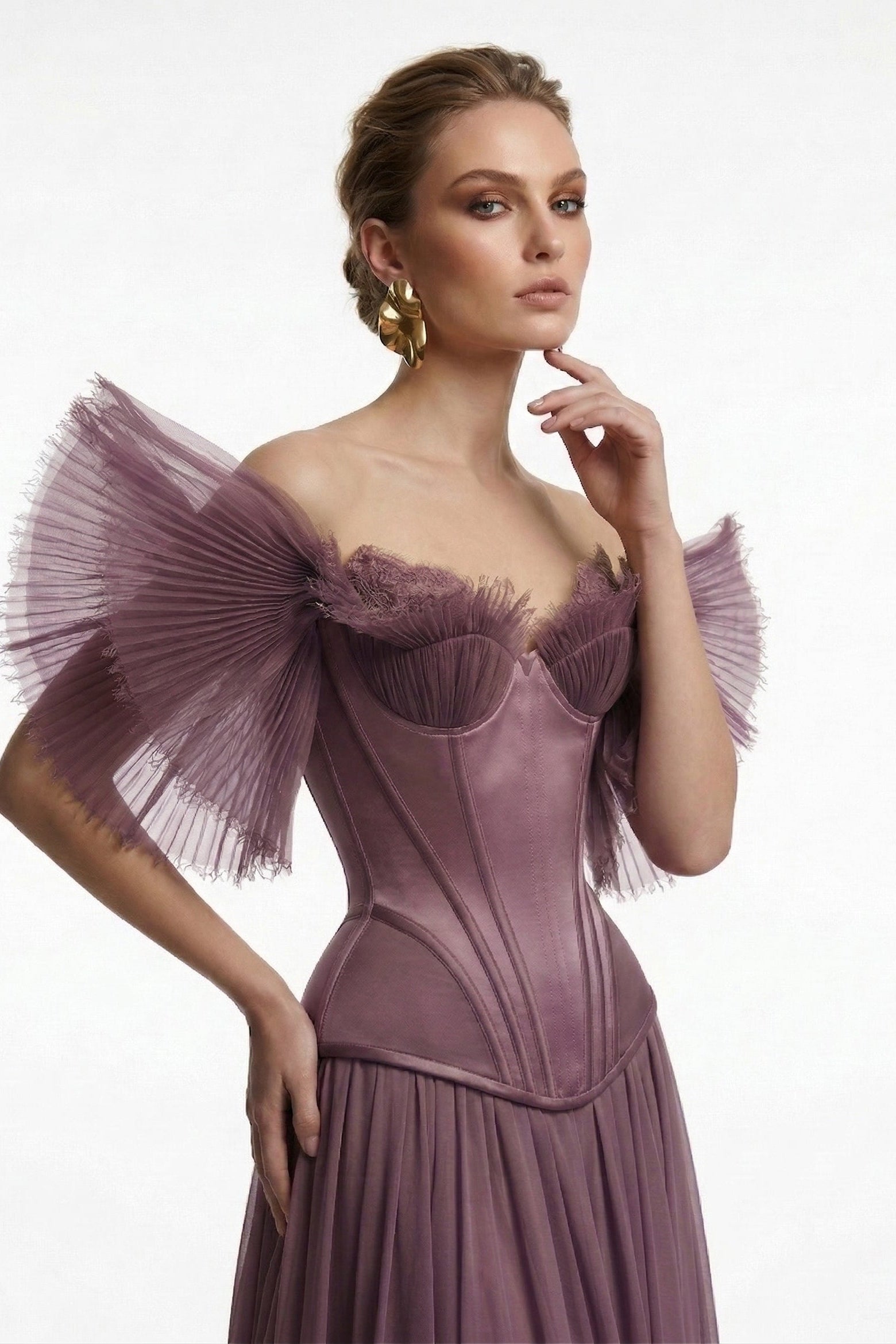 Fouad Sarkis F3040 – Off-Shoulder Pleated Tulle Corset Evening Gown
