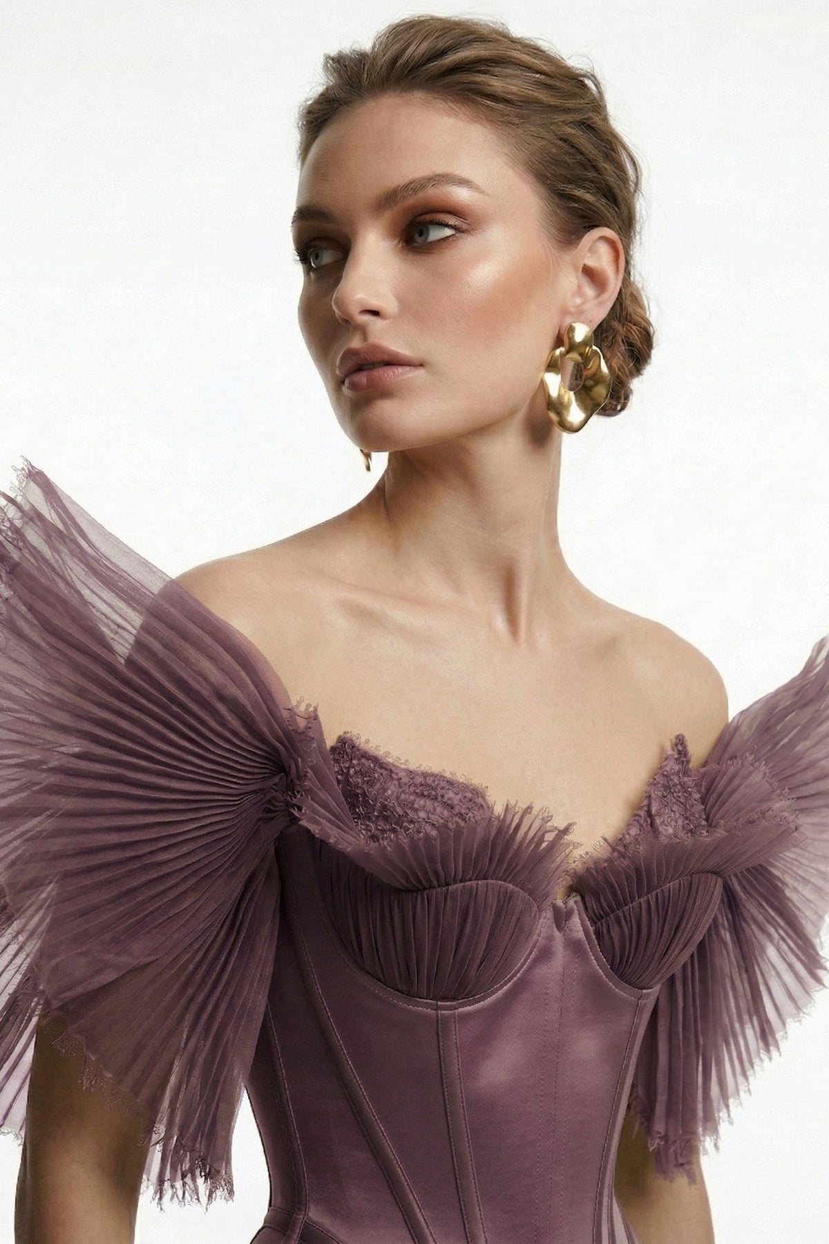 Fouad Sarkis F3040 – Off-Shoulder Pleated Tulle Corset Evening Gown