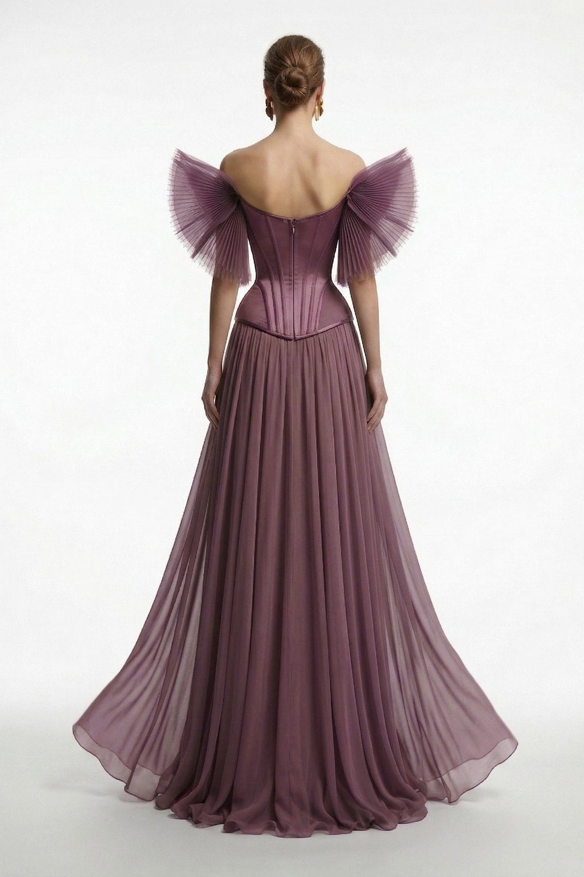 Fouad Sarkis F3040 – Off-Shoulder Pleated Tulle Corset Evening Gown