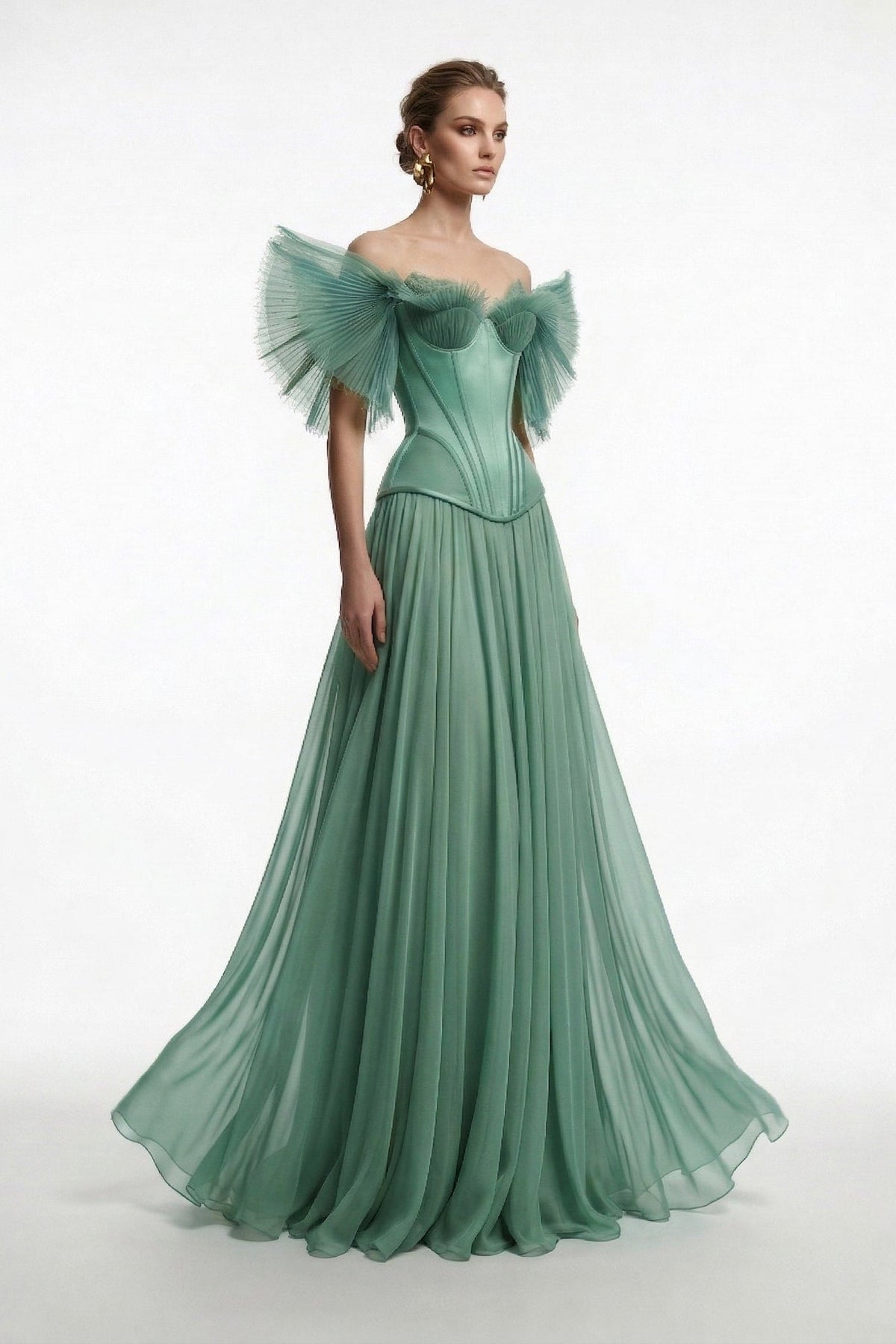 Fouad Sarkis F3040 – Off-Shoulder Pleated Tulle Corset Evening Gown