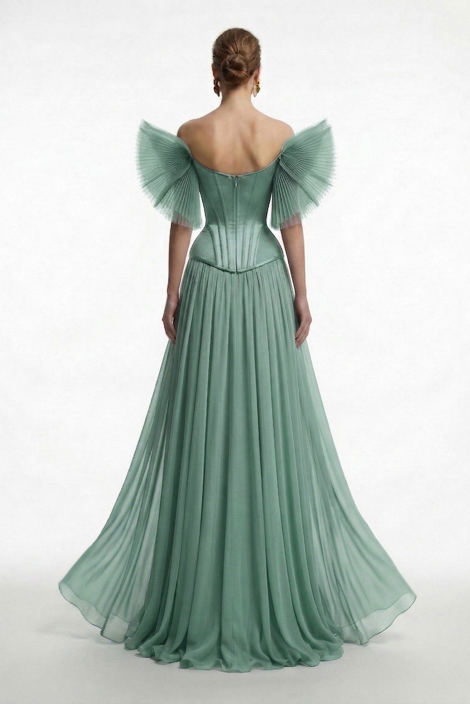 Fouad Sarkis F3040 – Off-Shoulder Pleated Tulle Corset Evening Gown