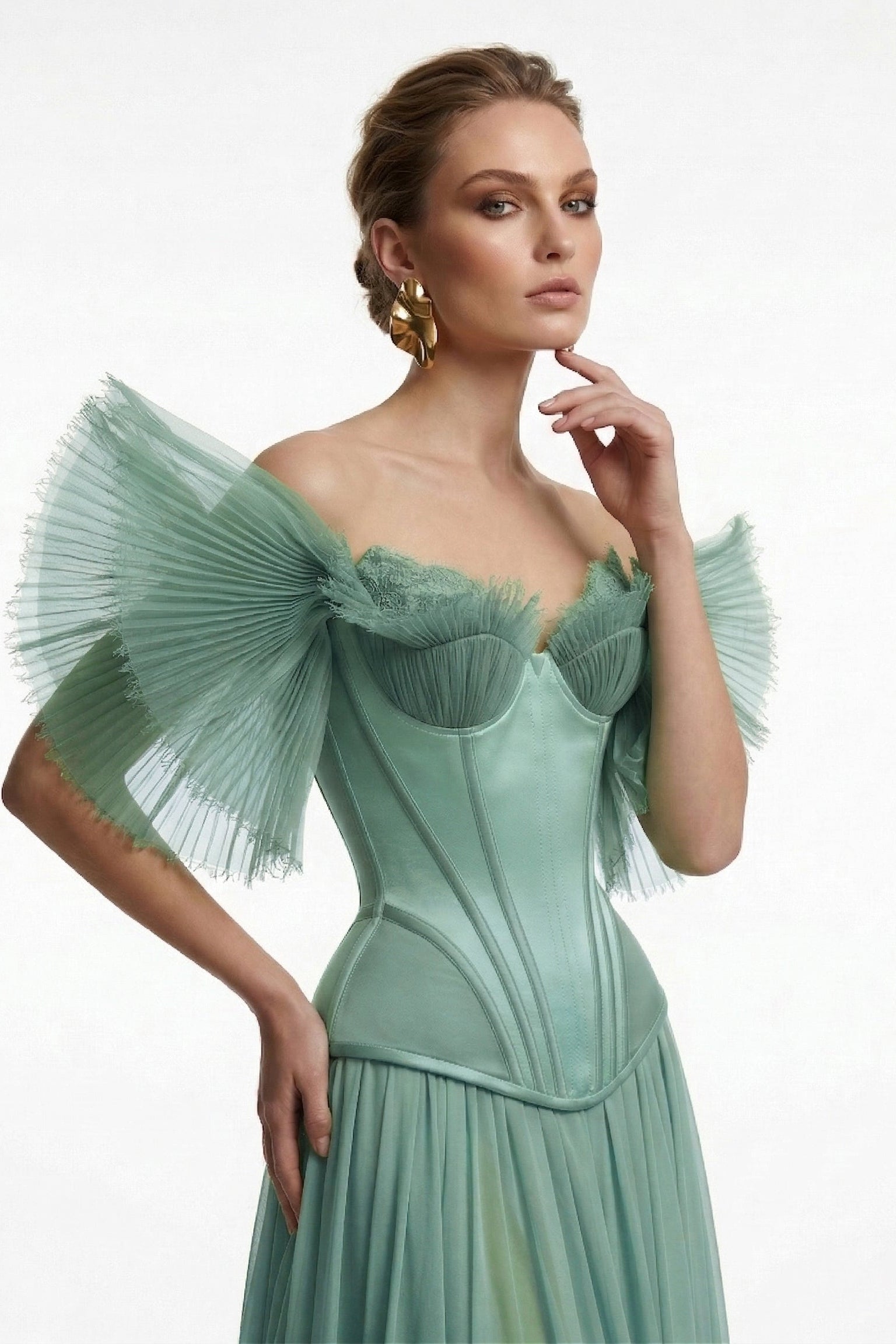 Fouad Sarkis F3040 – Off-Shoulder Pleated Tulle Corset Evening Gown