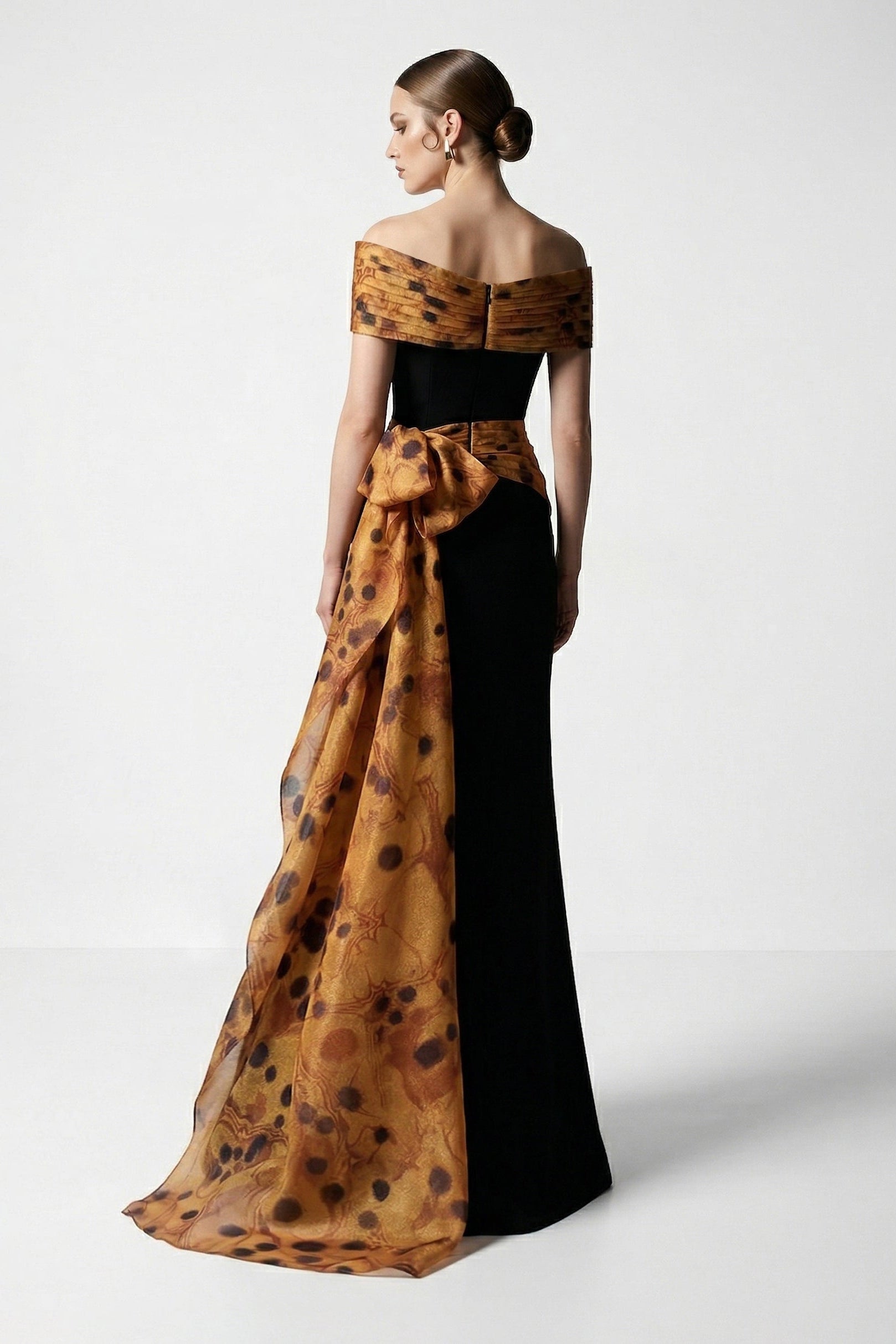 Fouad Sarkis F3043 – Black & Gold Off-Shoulder Draped Evening Gown