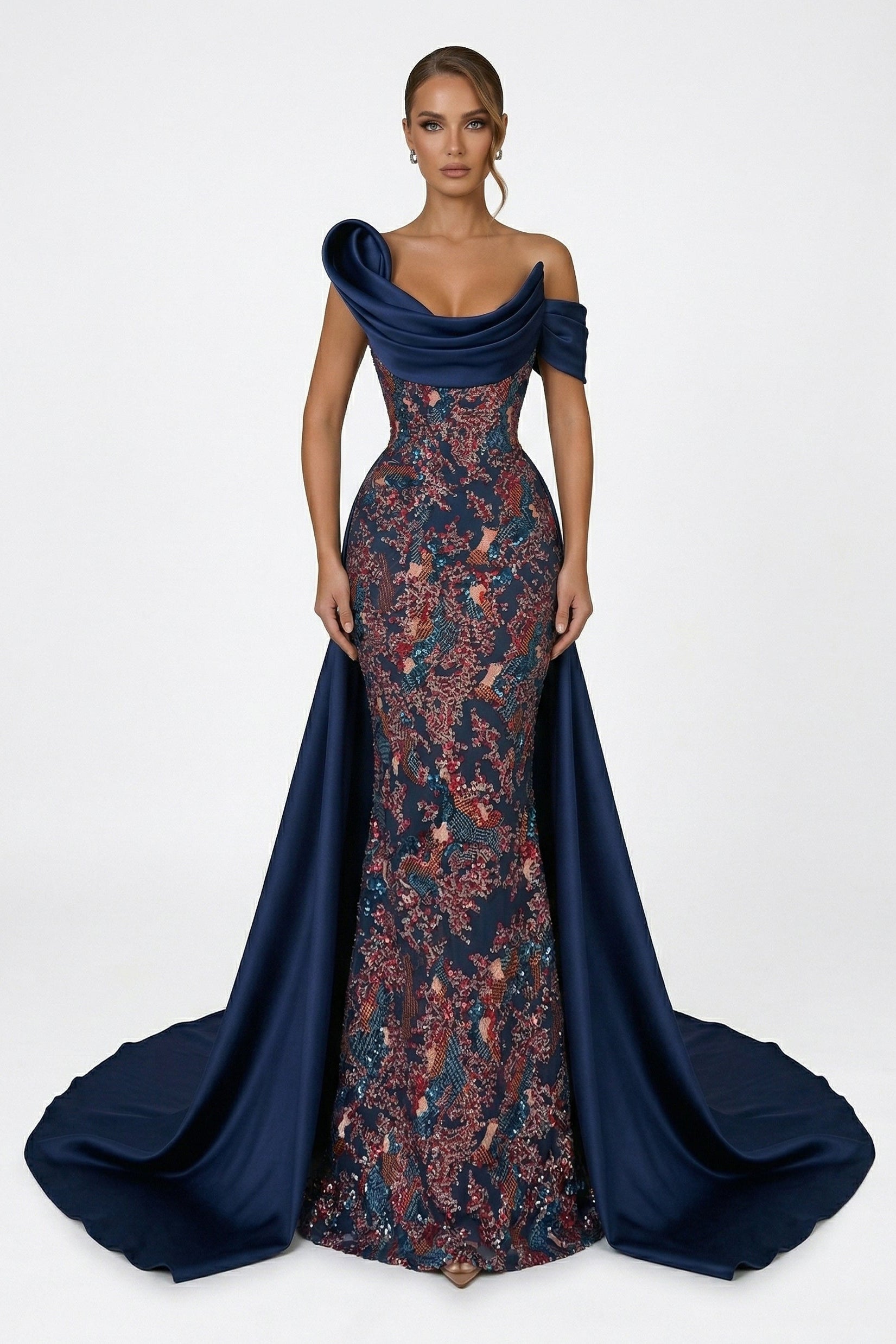 Fouad Sarkis F3044 – Midnight Embellished Mermaid Gown with Detachable Overskirt