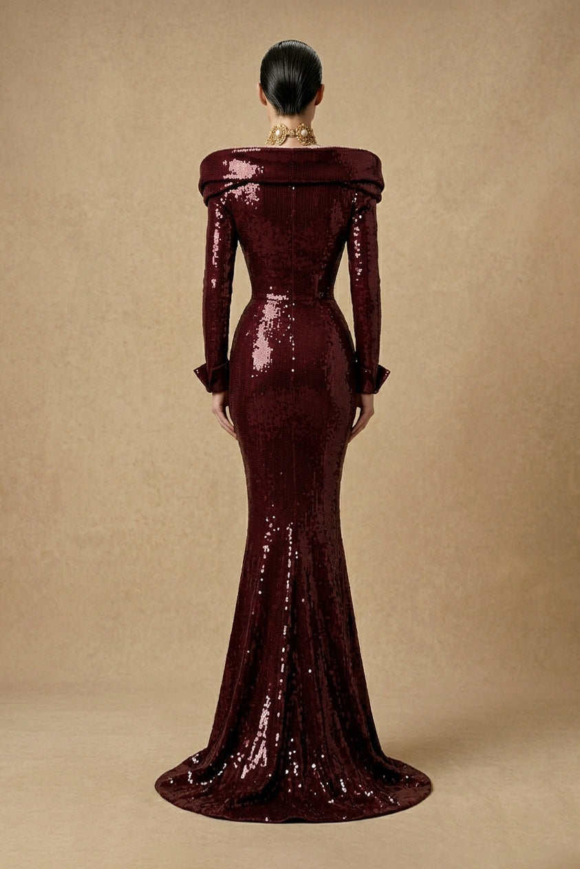 Fouad Sarkis F3045 – Burgundy Sequin Long-Sleeve Mermaid Evening Gown