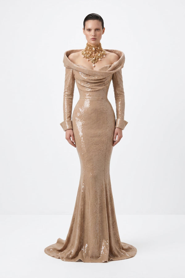 Fouad Sarkis F3045 – Burgundy Sequin Long-Sleeve Mermaid Evening Gown