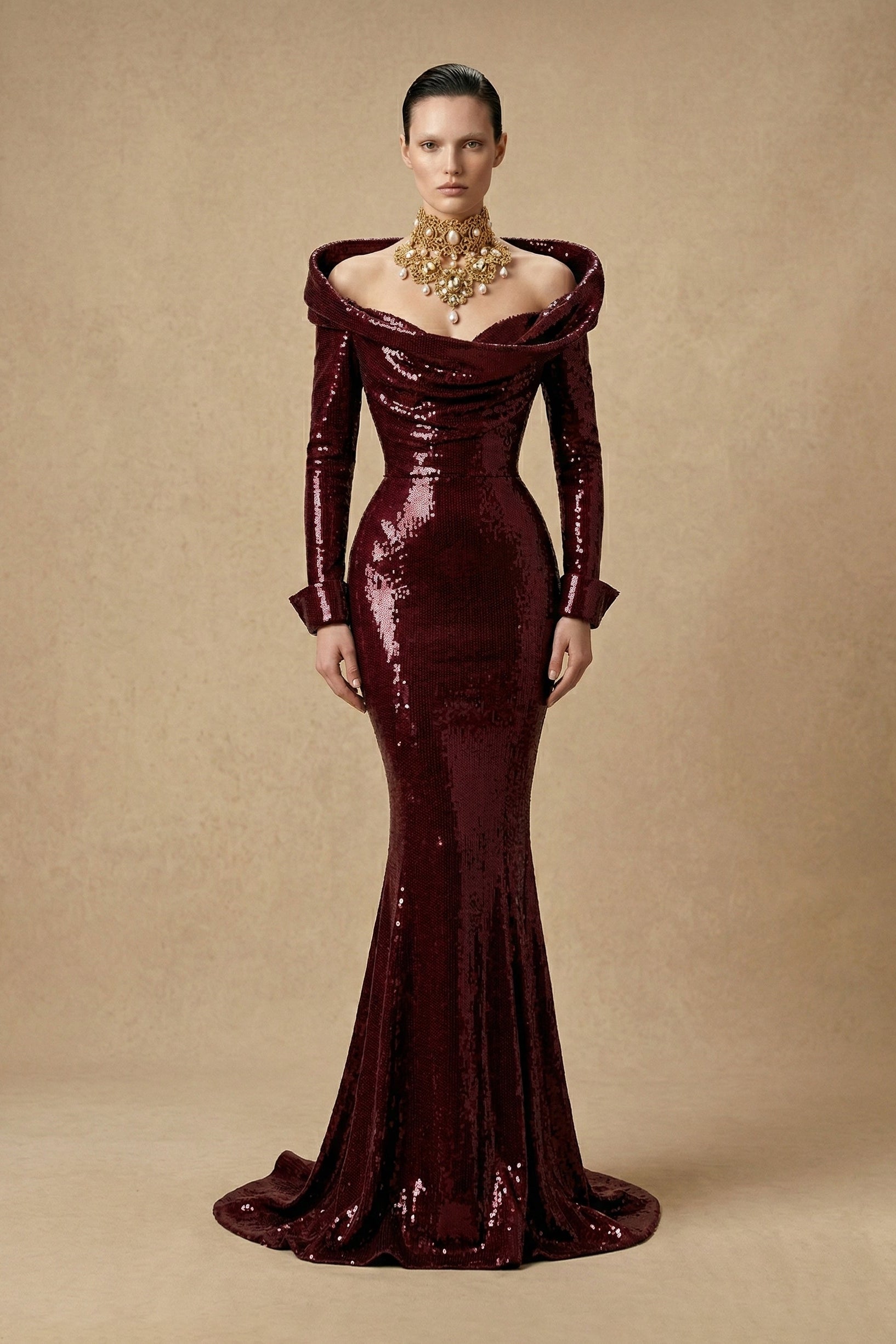 Fouad Sarkis F3045 – Burgundy Sequin Long-Sleeve Mermaid Evening Gown