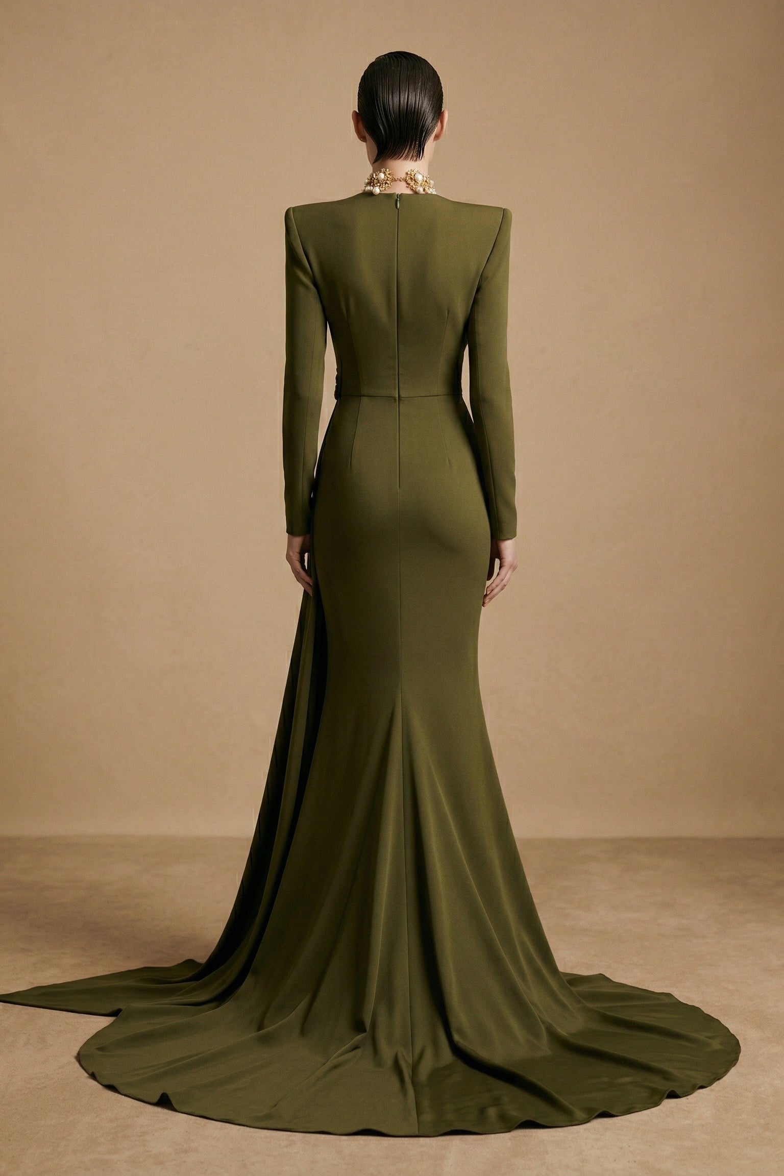 Fouad Sarkis F3046 – Draped Mermaid Evening Gown with Structured Shoulders